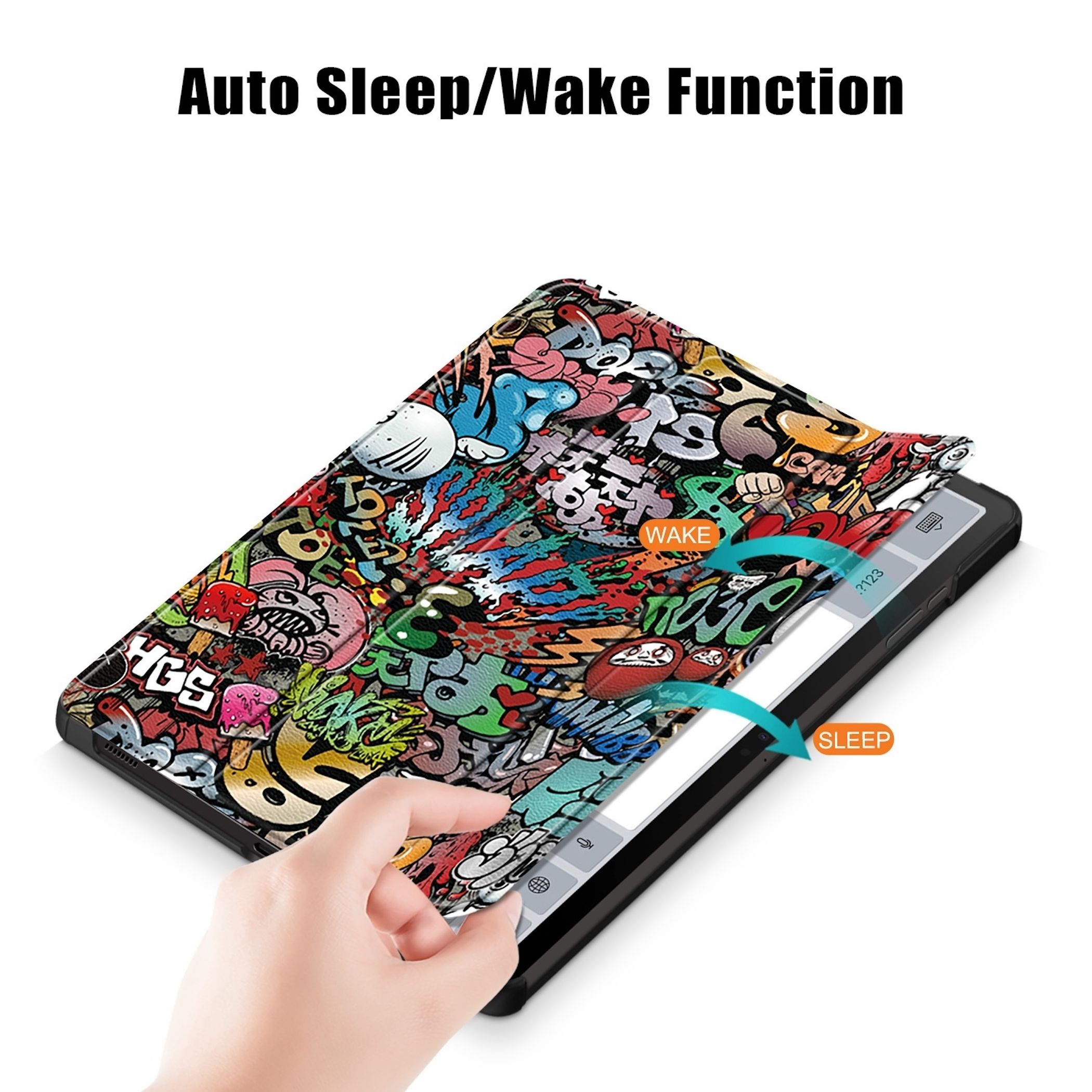 Funda para tableta con diseño de grafiti. La mano abre la funda. Flechas indican la función de reposo/activación.