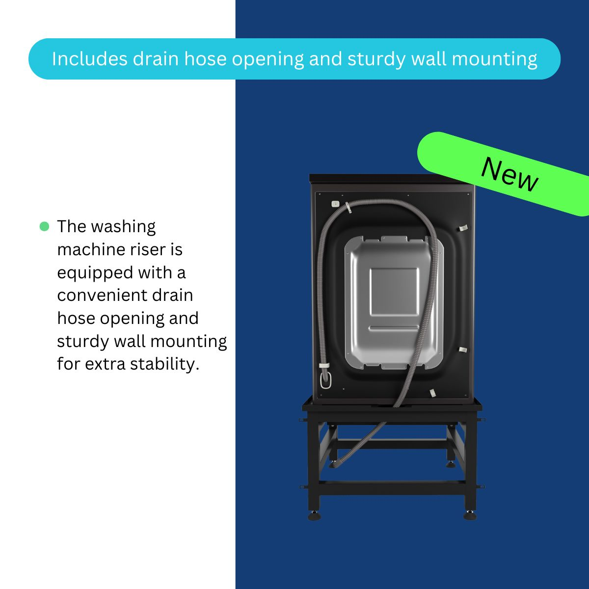 Achteraanzicht van een wasmachine op een zwarte standaard. Het heeft een afvoerslang en is gemarkeerd met 'Nieuw'.