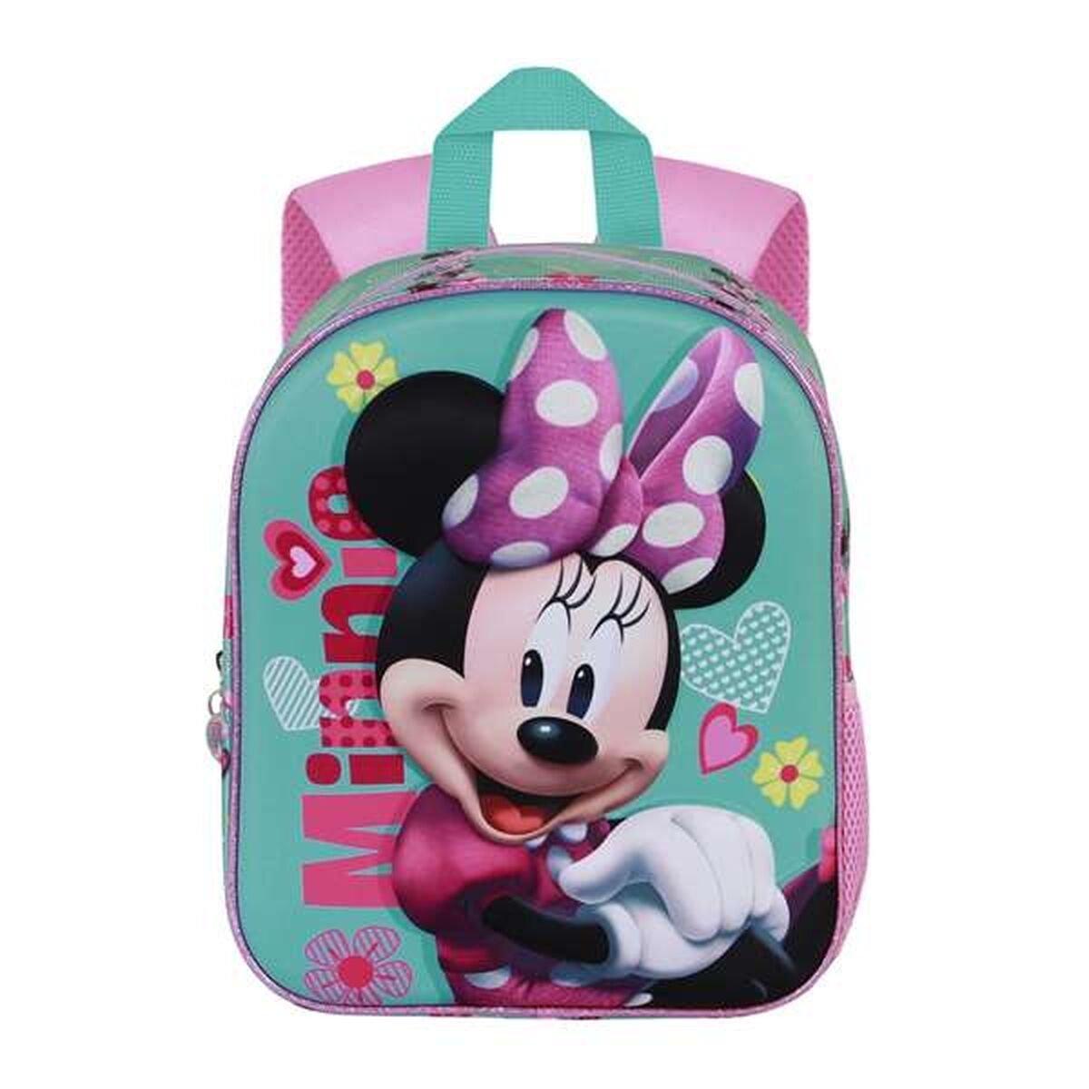 Uno zaino di Minnie Mouse turchese. Ha la parte superiore rosa, la maniglia e la rete laterale. La faccia di Minnie è sul davanti con un fiocco a pois.