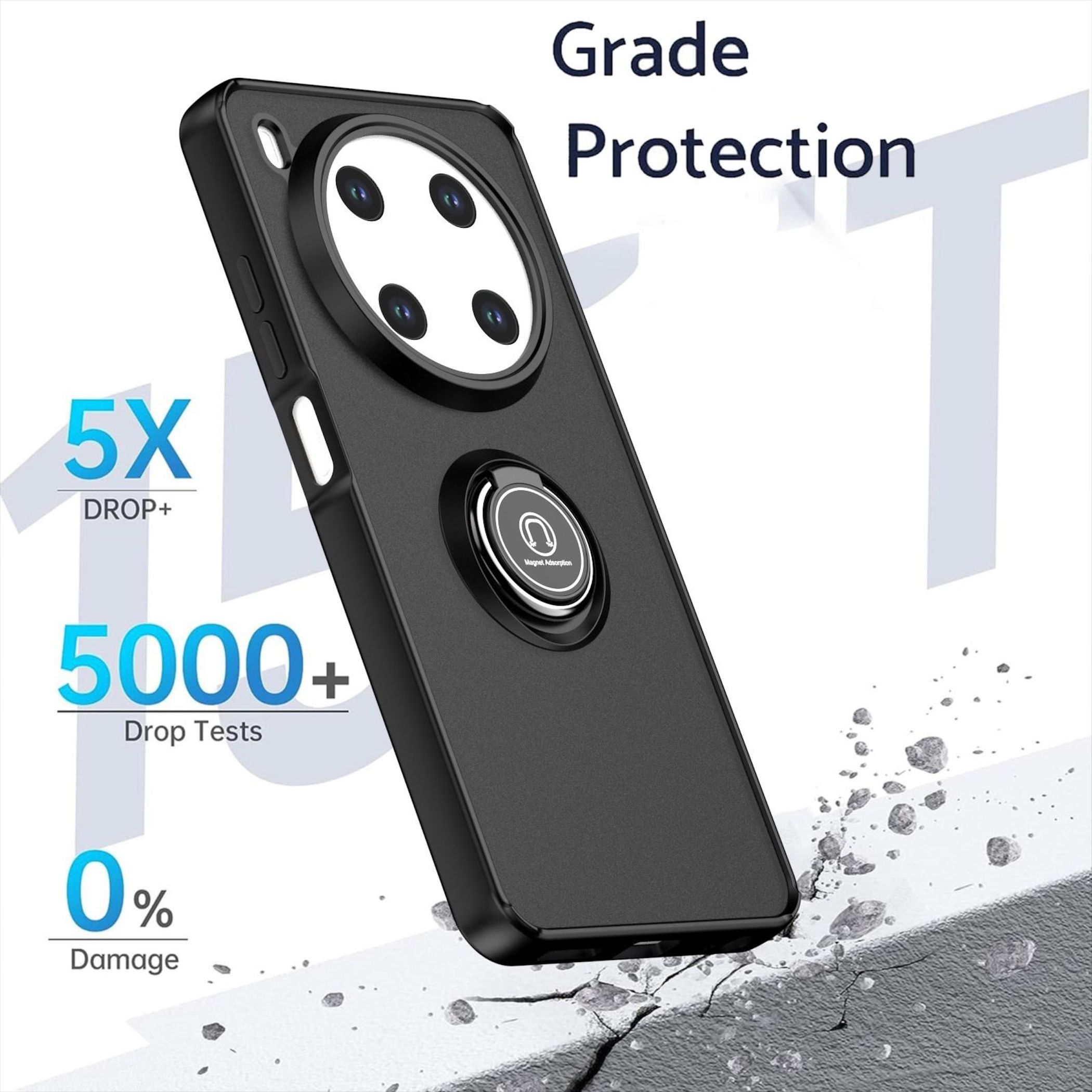 Schwarze Handyhülle mit Kameraausschnitten, einem Ringhalter und Text mit 5X Fallschutz und 0% Schaden.