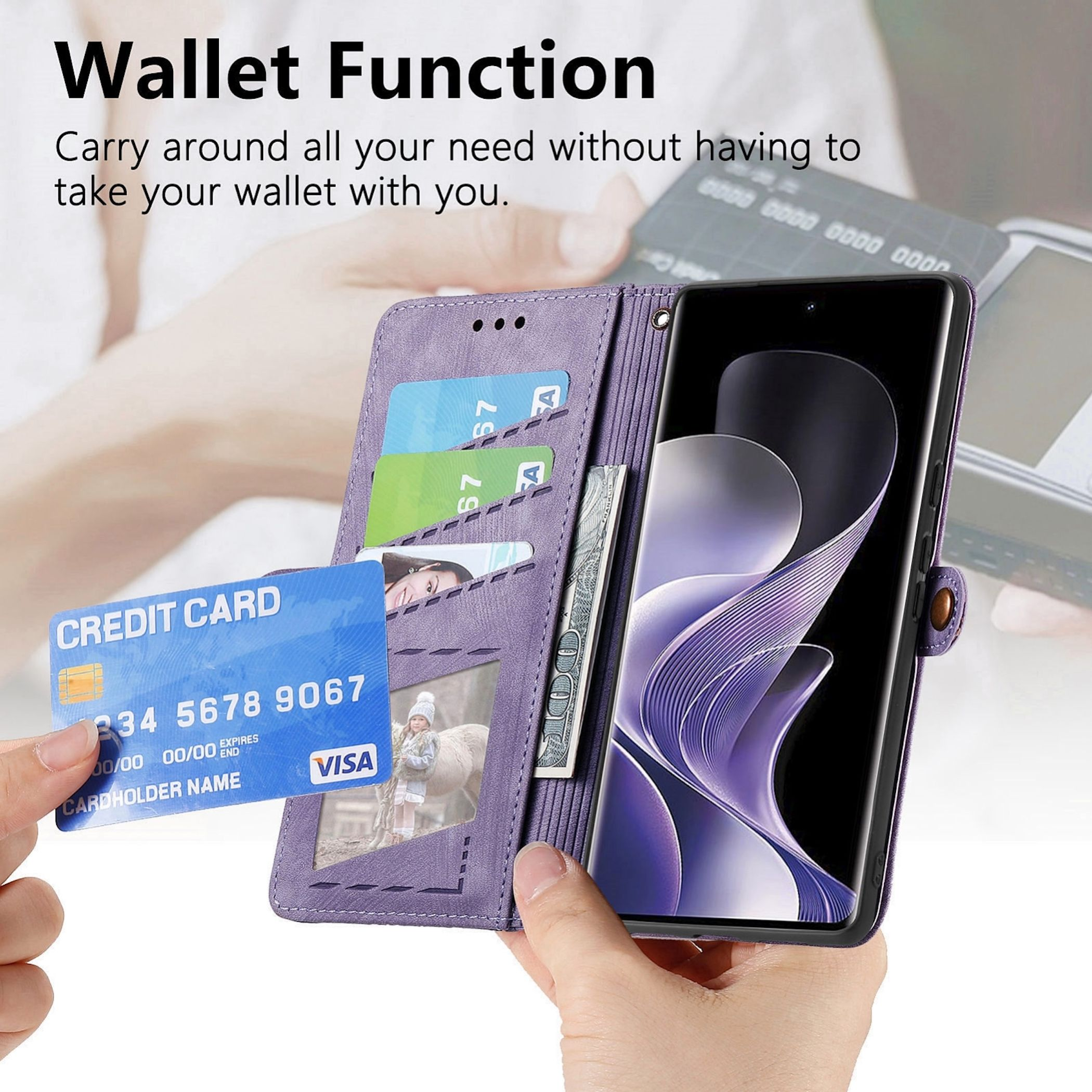 Eine lila Handyhülle mit Karten, Geld und einem Telefon. Hand, die eine Kreditkarte hält. Der Hintergrund ist verschwommen.