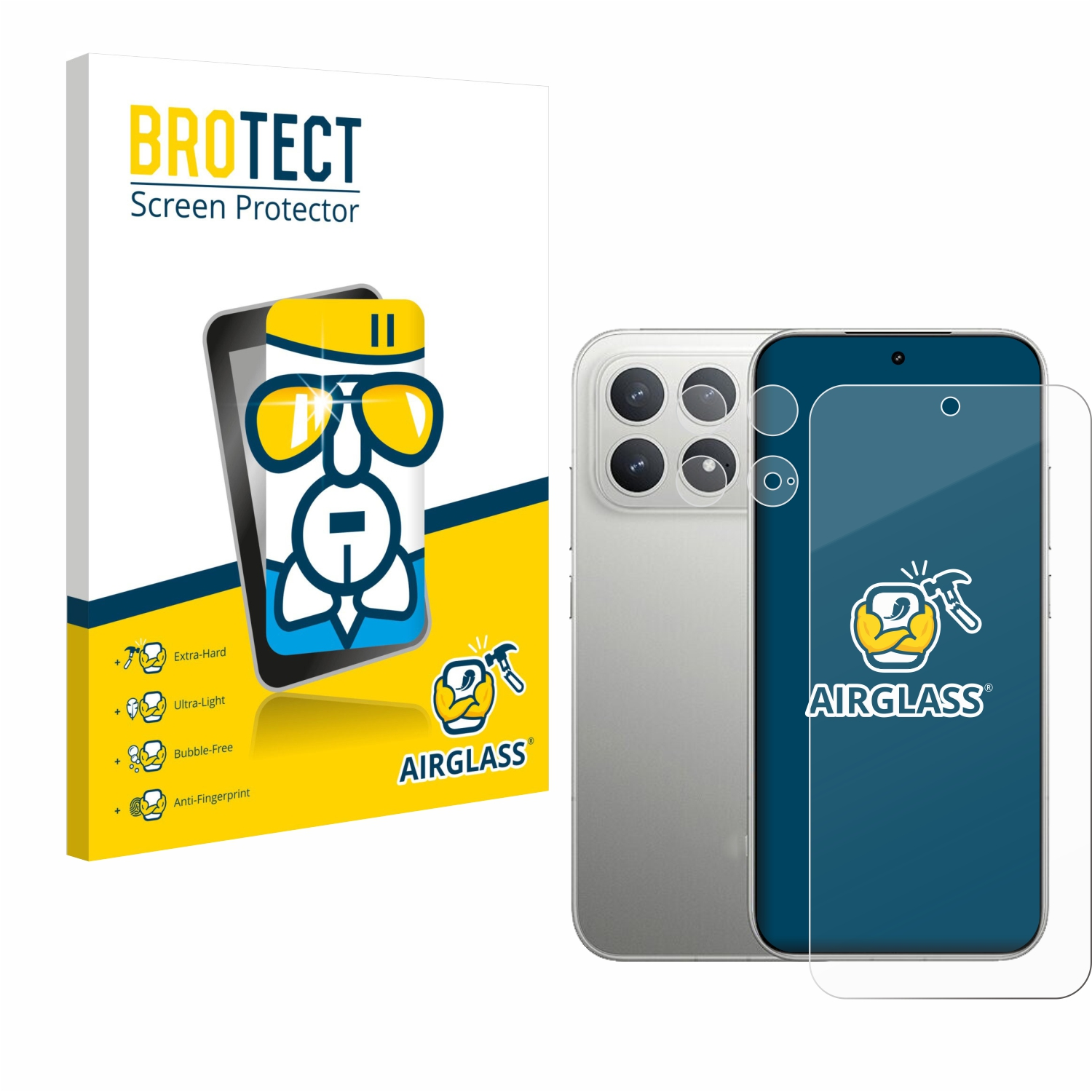 Ein Telefon und eine Displayschutzfolie werden zusammen mit der Verpackung angezeigt. Auf der Displayschutzfolienbox steht BROTECT. Der Schutz ist AIRGLASS.