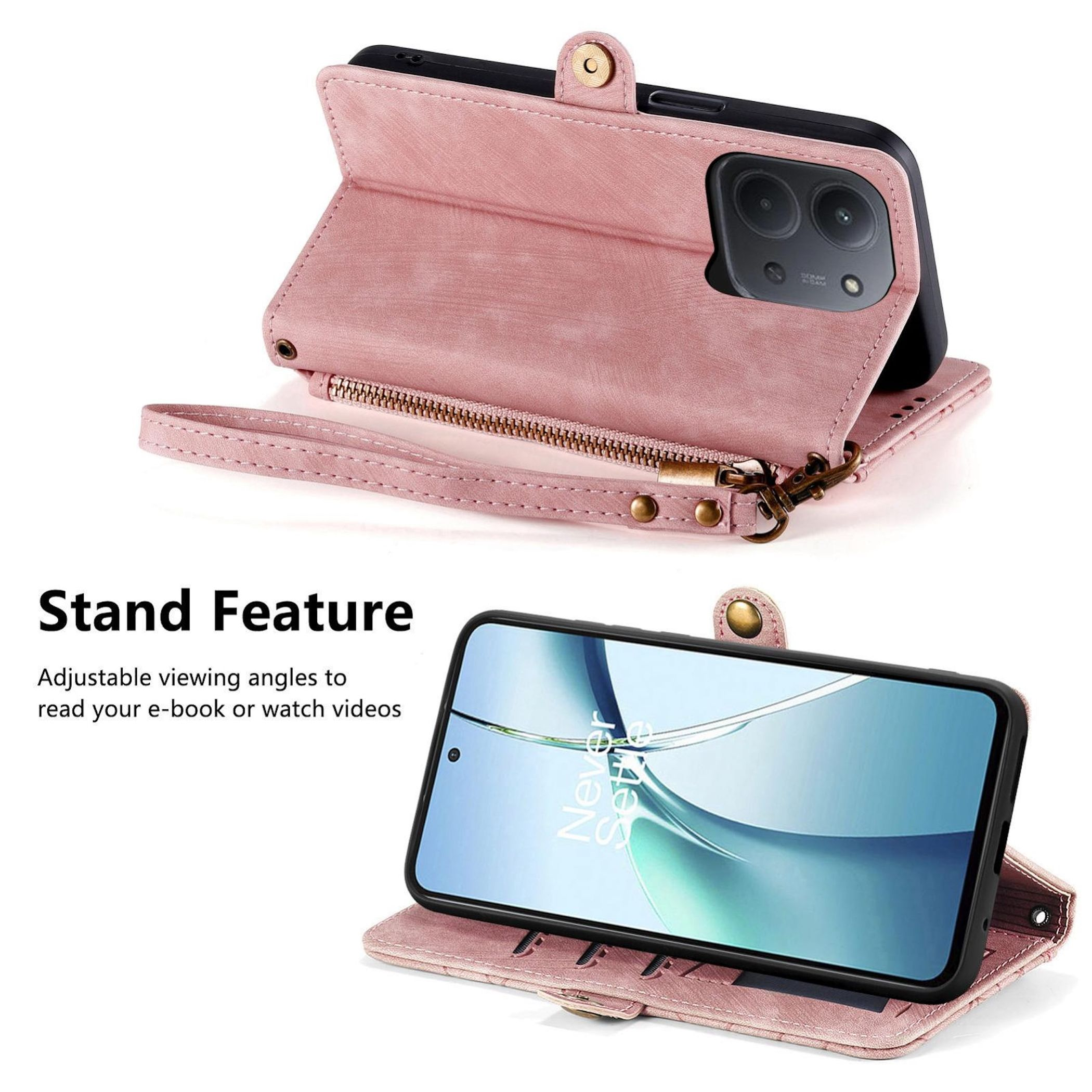 Rosa Handyhülle mit Handy. Ständerfunktion wird gezeigt. Auf dem Bildschirm steht 'Never Settle'.