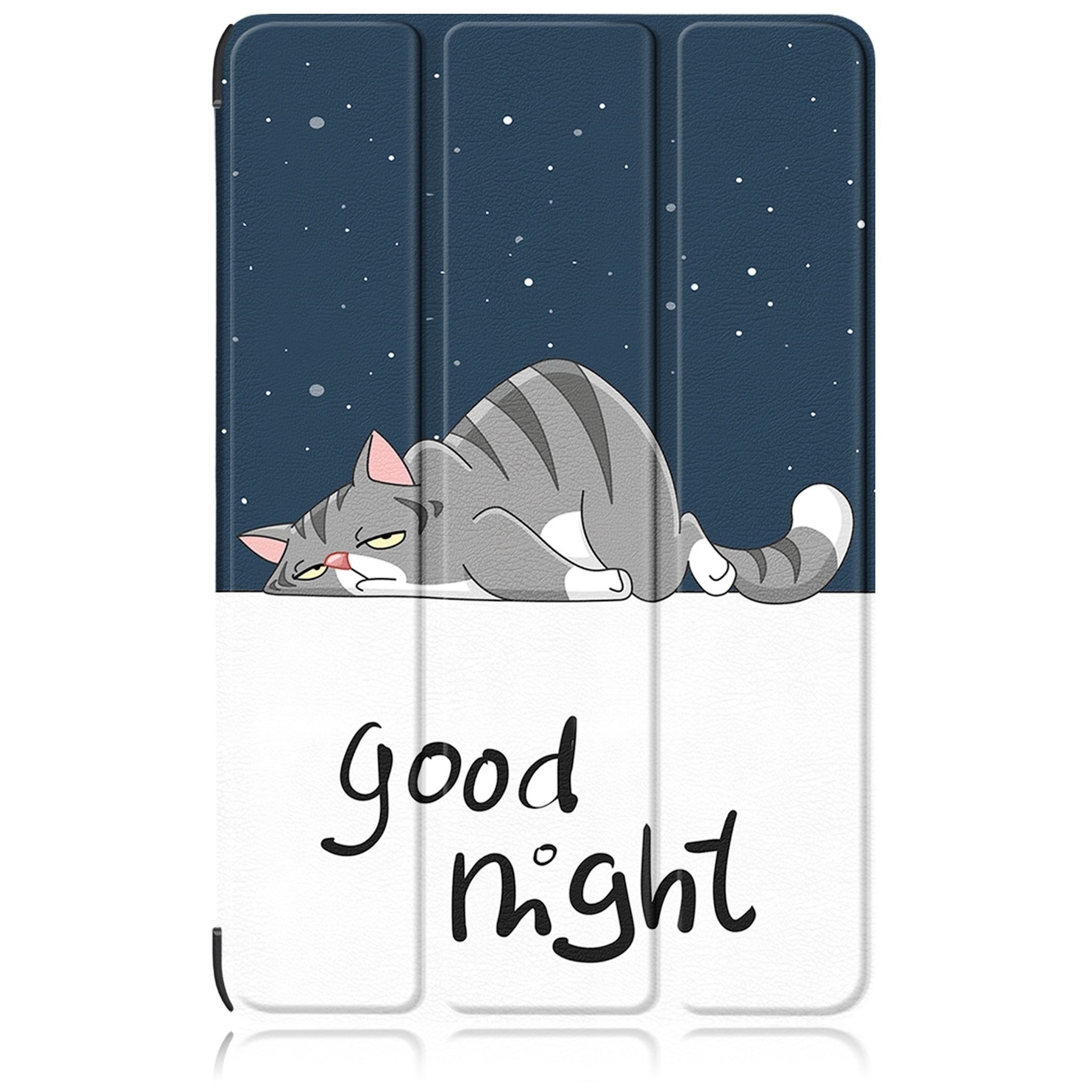 Eine Tablet-Hülle mit Katzendesign. Die Katze liegt. Der Text lautet 'gute Nacht' mit Sternenhintergrund.