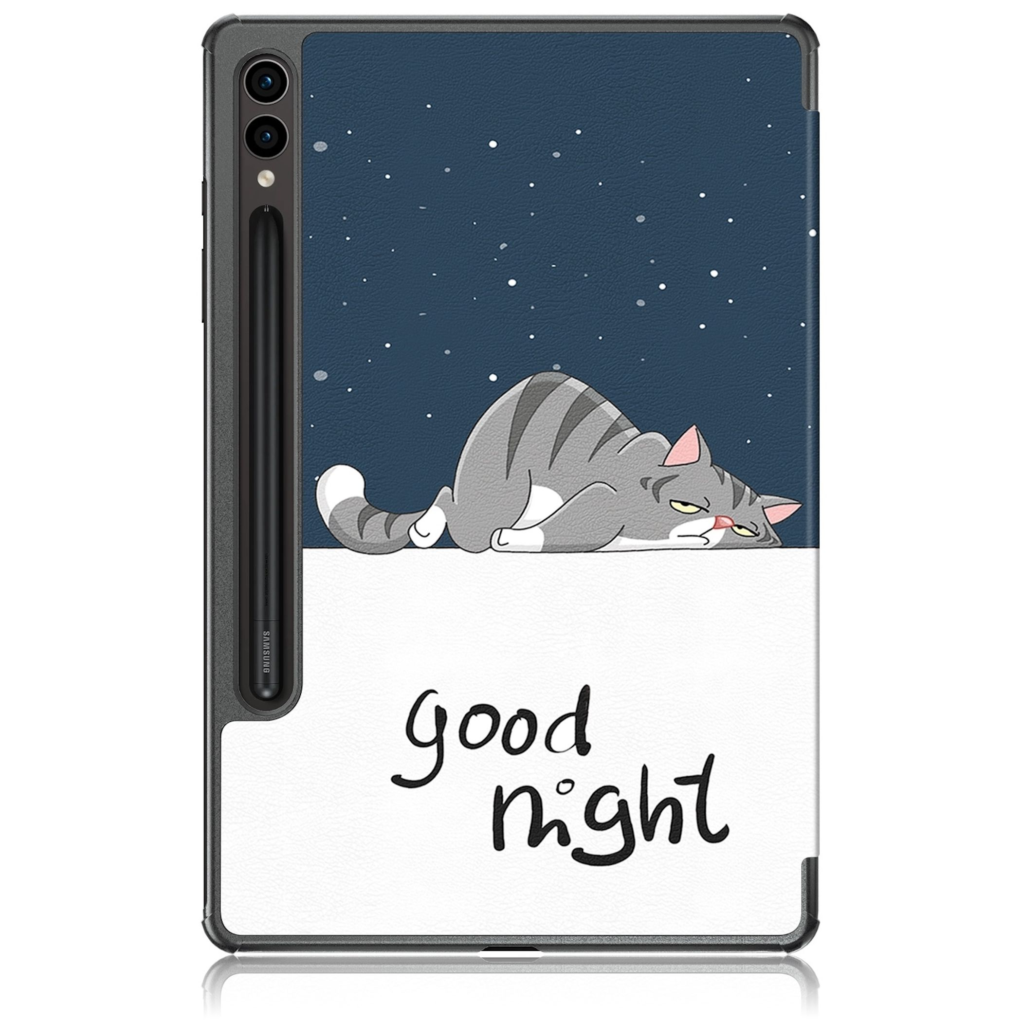 Eine Tablethülle mit Katzendesign und dem Text 'Gute Nacht'. Der Hintergrund ist ein Sternenhimmel.