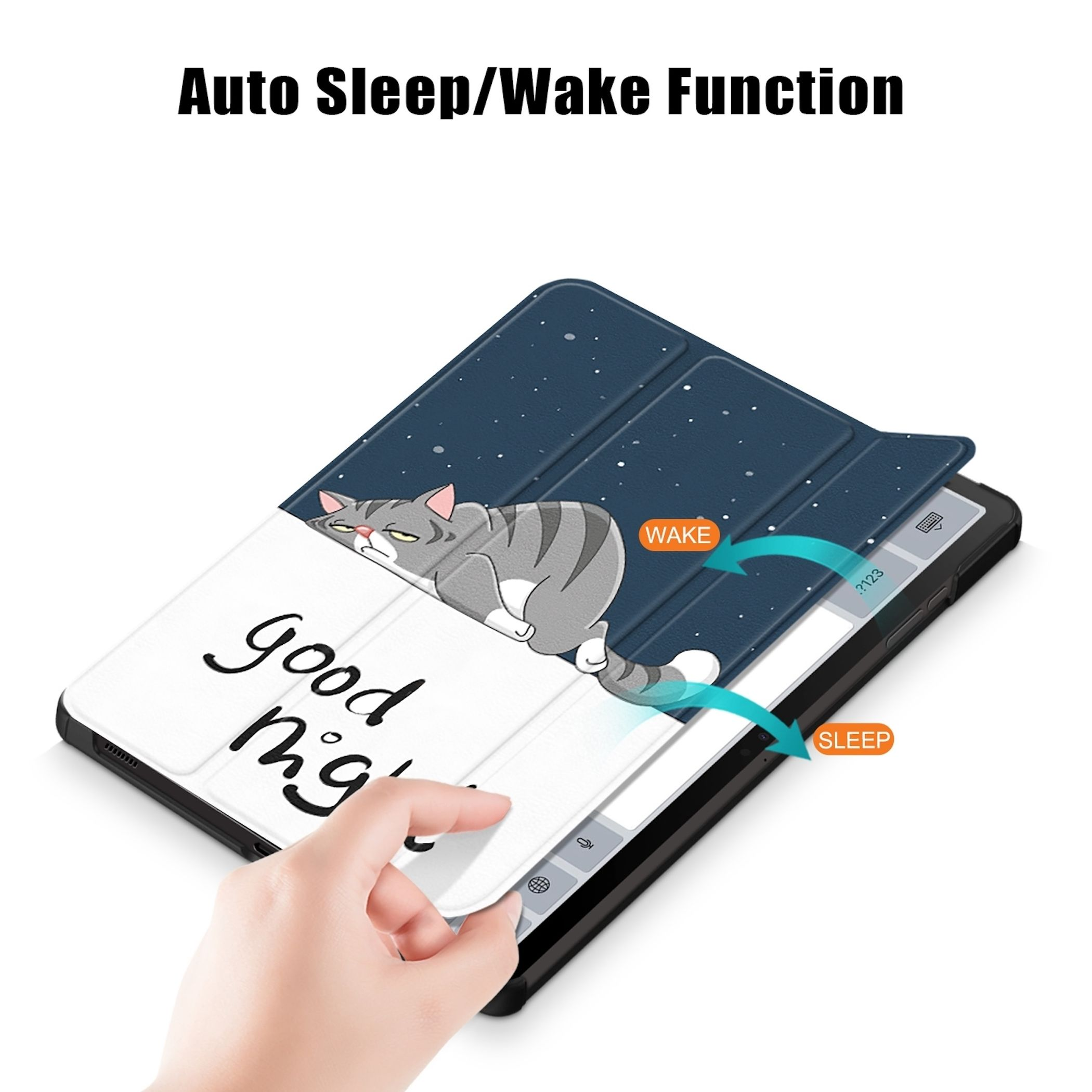 Tablet-Hülle mit Katzendesign. Text sagt 'gute Nacht'. 'Wake'- und 'Sleep'-Pfeile. Hand, die die Hülle öffnet.