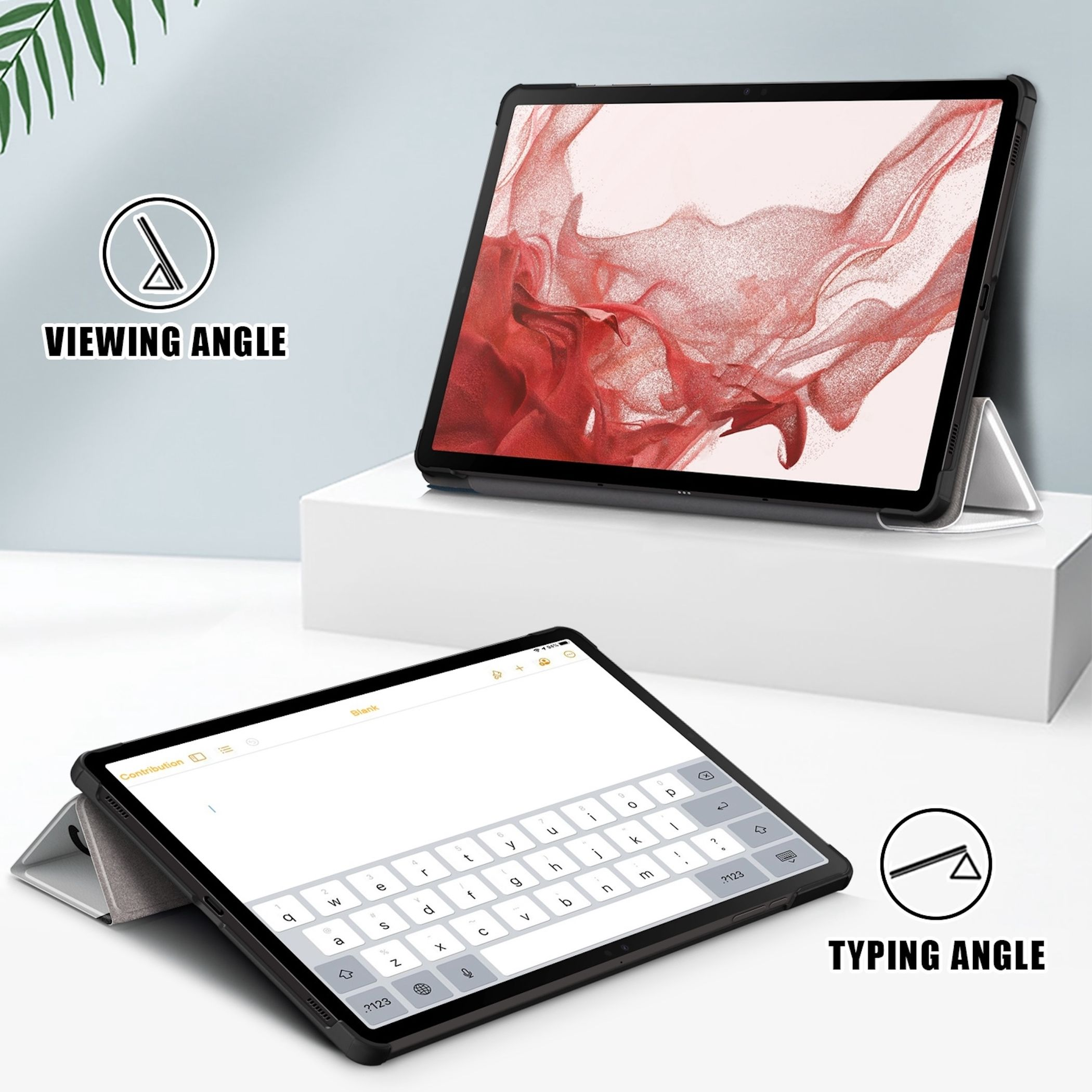 Zwei Tablets auf weißer Oberfläche, eines im Betrachtungswinkel und eines im Schreibwinkel, mit Text und weißem Hintergrund.