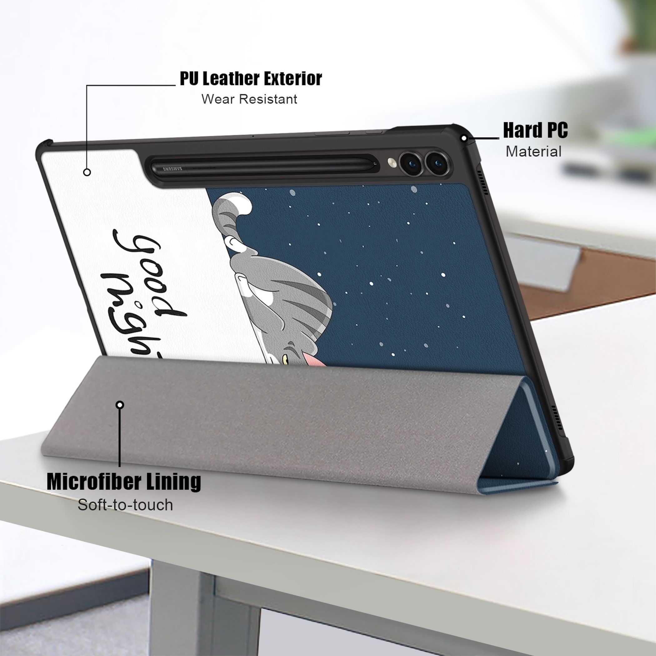 Tablethülle mit Katzenillustration, Text 'gute Nacht' und grauem Ständer auf weißer Oberfläche.