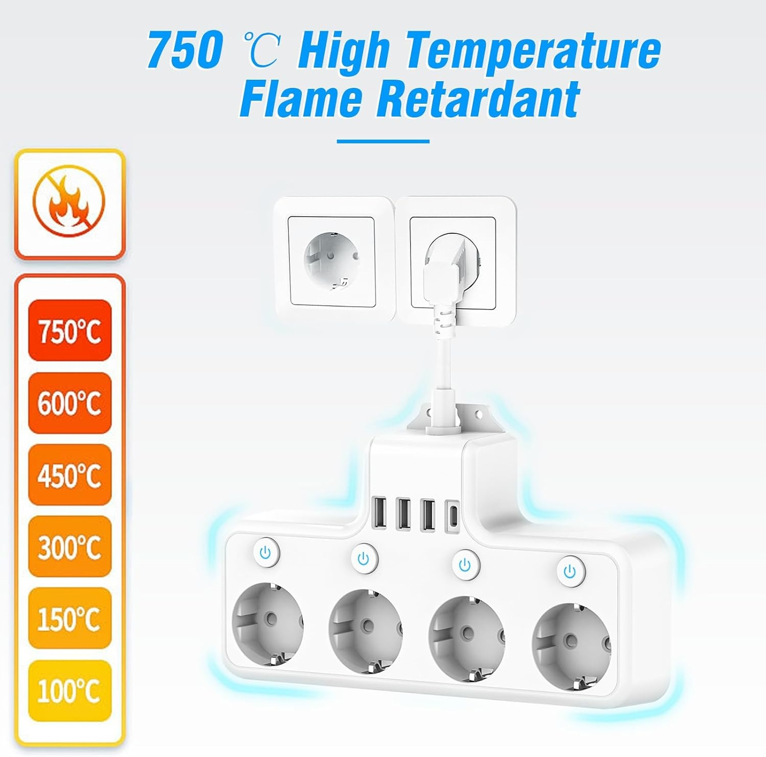 Weißes Verlängerungskabel mit Steckdosen und USB-Anschlüssen. Es hat ein Hochtemperatur-Beständigkeits-Etikett. Text: 'Flammschutzmittel'.