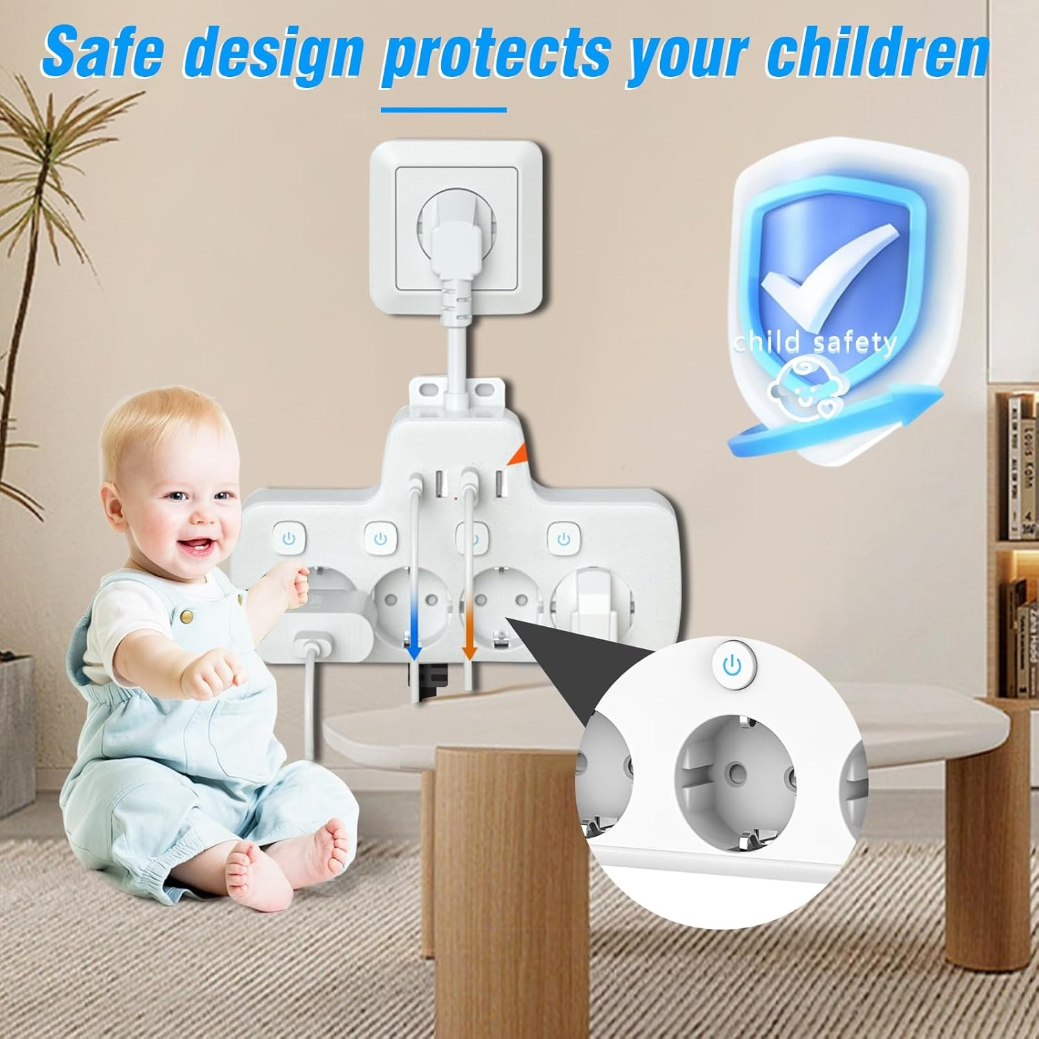 Ein lächelndes Baby sitzt in der Nähe einer Steckdosenleiste mit der Aufschrift 'Kindersicherheit'. Der Text 'Sicheres Design schützt Ihre Kinder' steht oben.