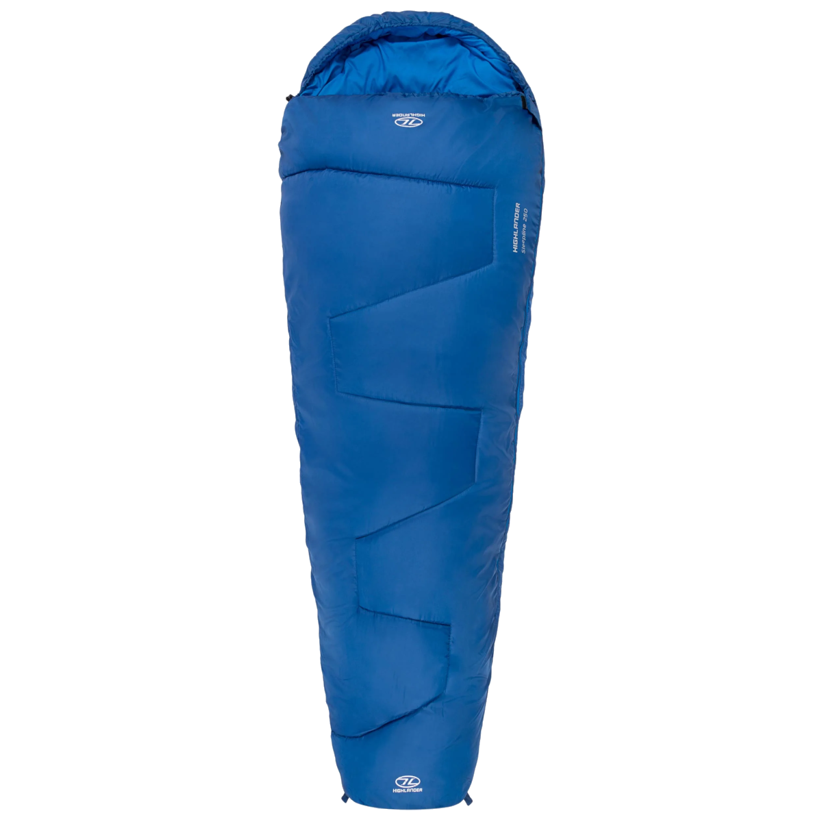 Ein blauer Schlafsack wird auf weißem Hintergrund gezeigt. Es ist ein Highlander-Schlafsack.