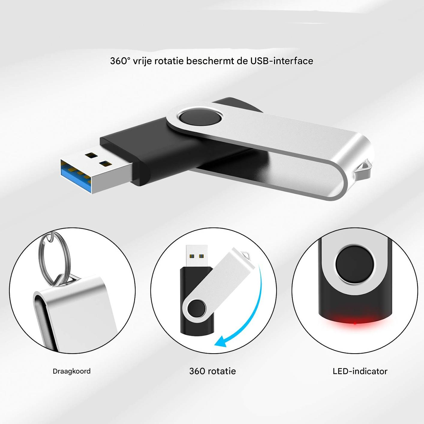 Ein USB-Stick mit schwarz-silbernem Design. Er verfügt über eine 360-Grad-Drehung und eine LED-Anzeige. Kleine Kreisbilder erklären die Funktionen.