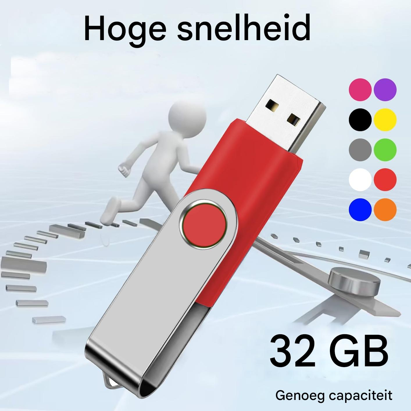 Roter und silberner USB-Stick mit der Aufschrift '32 GB'. Eine Strichfigur rennt, Farbauswahl im Hintergrund.