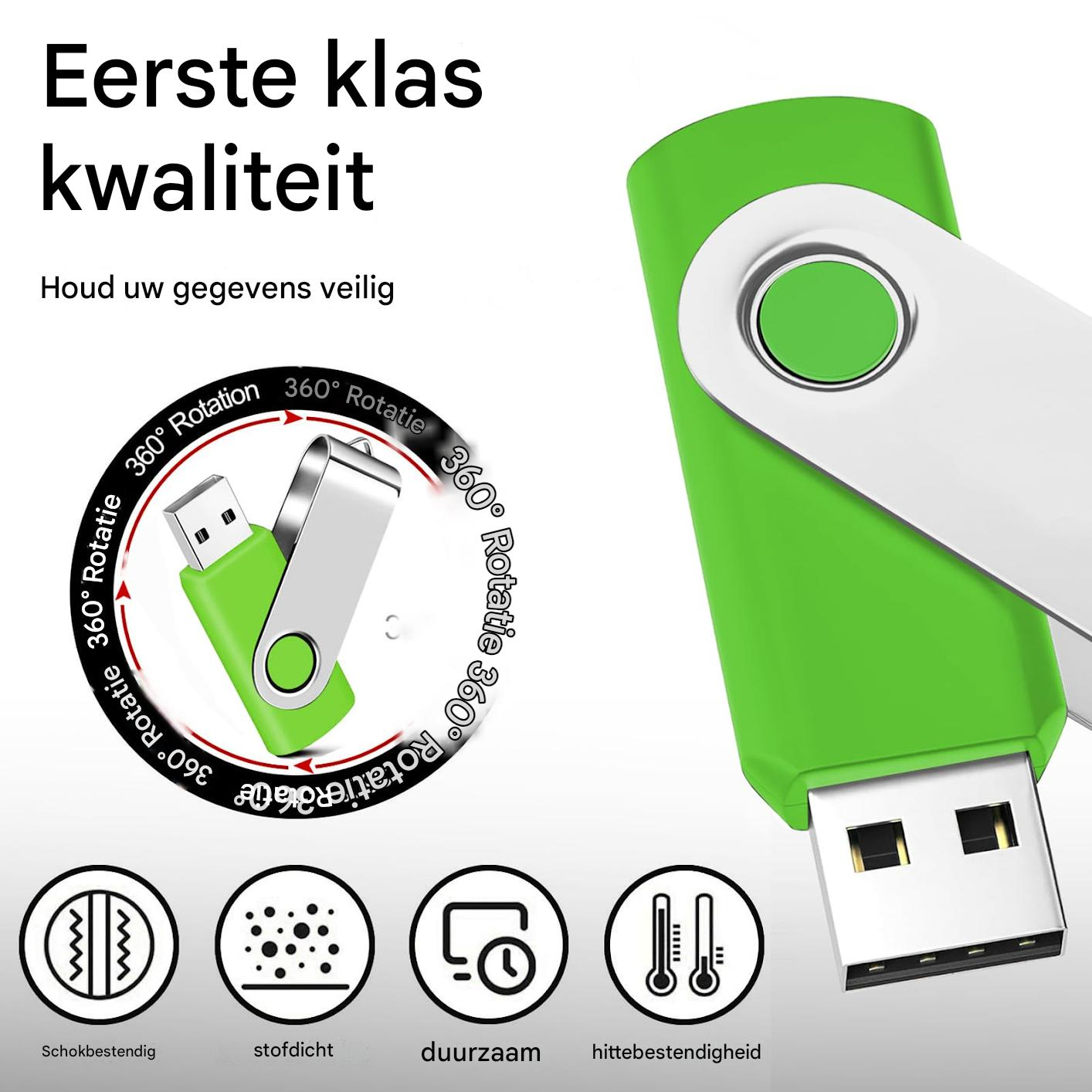 Ein grüner USB-Stick mit silbernem Drehgelenk. Text: 'Eerste klas kwaliteit', 'Houd uw gegevens veilig'. Icons für stoßfest, langlebig usw.