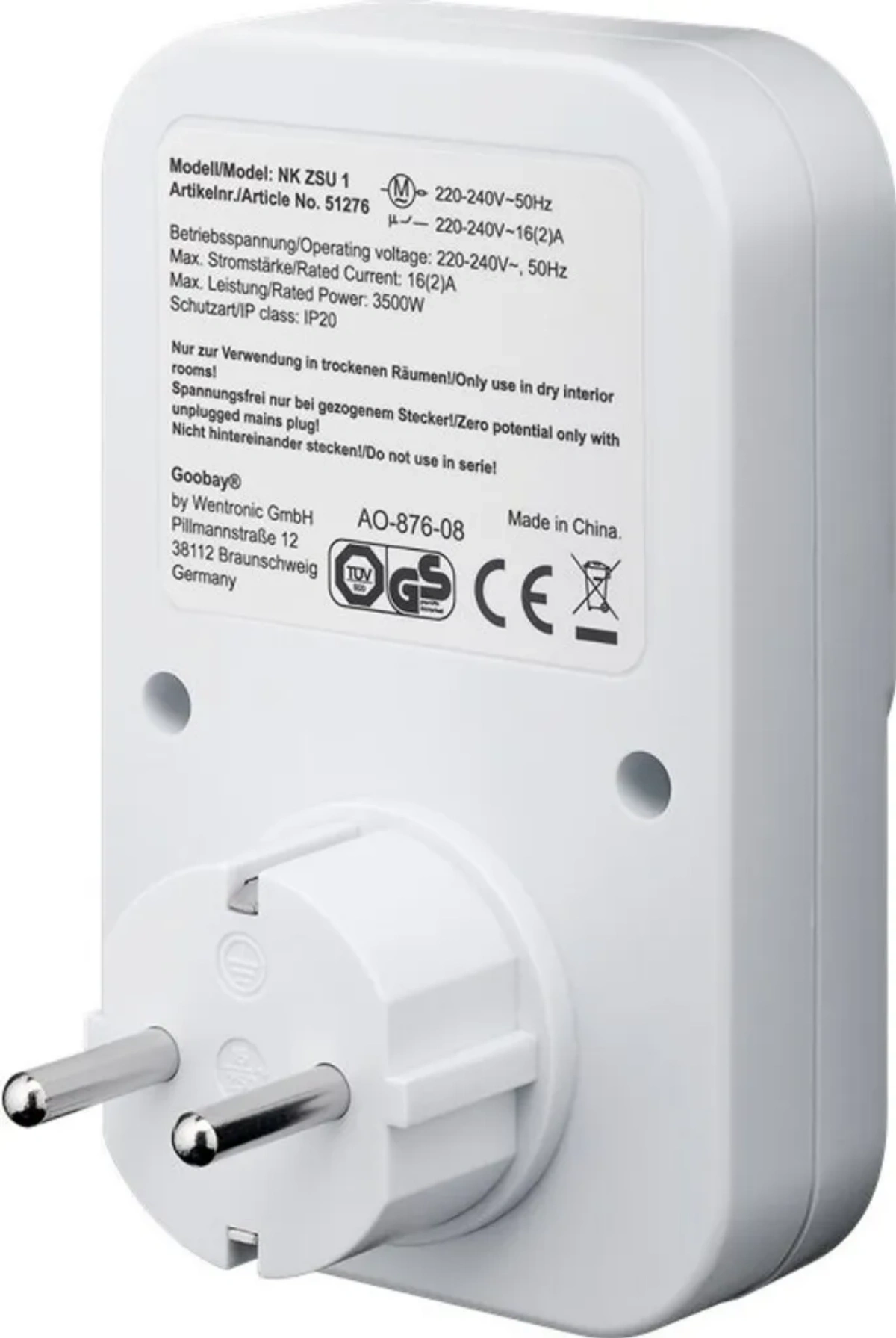 Weißer Netzadapter mit zwei Stiften und einem Steckanschluss. Auf der Rückseite befindet sich ein Informationsetikett.