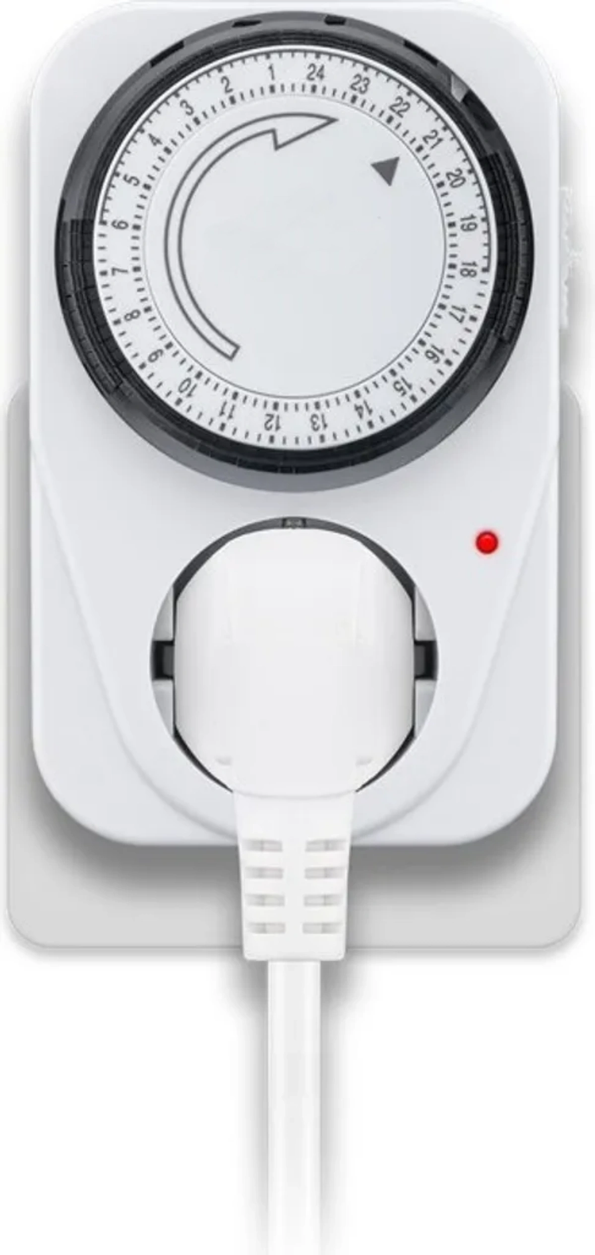 Weißer Timer mit schwarzem Zifferblatt und Stecker. Das Zifferblatt zeigt die Zeit mit Zahlen an. Ein rotes Licht leuchtet.