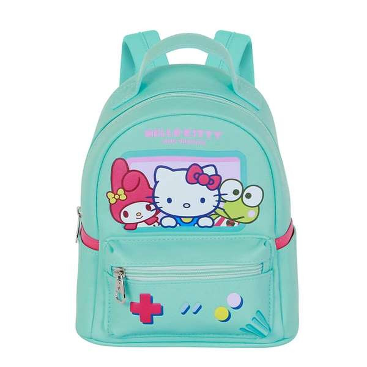 Ein türkisfarbener Rucksack mit Hello Kitty und Freunden. Er hat eine Vordertasche, zwei Träger und einen Griff. Spielcontroller-Symbole sind darauf.