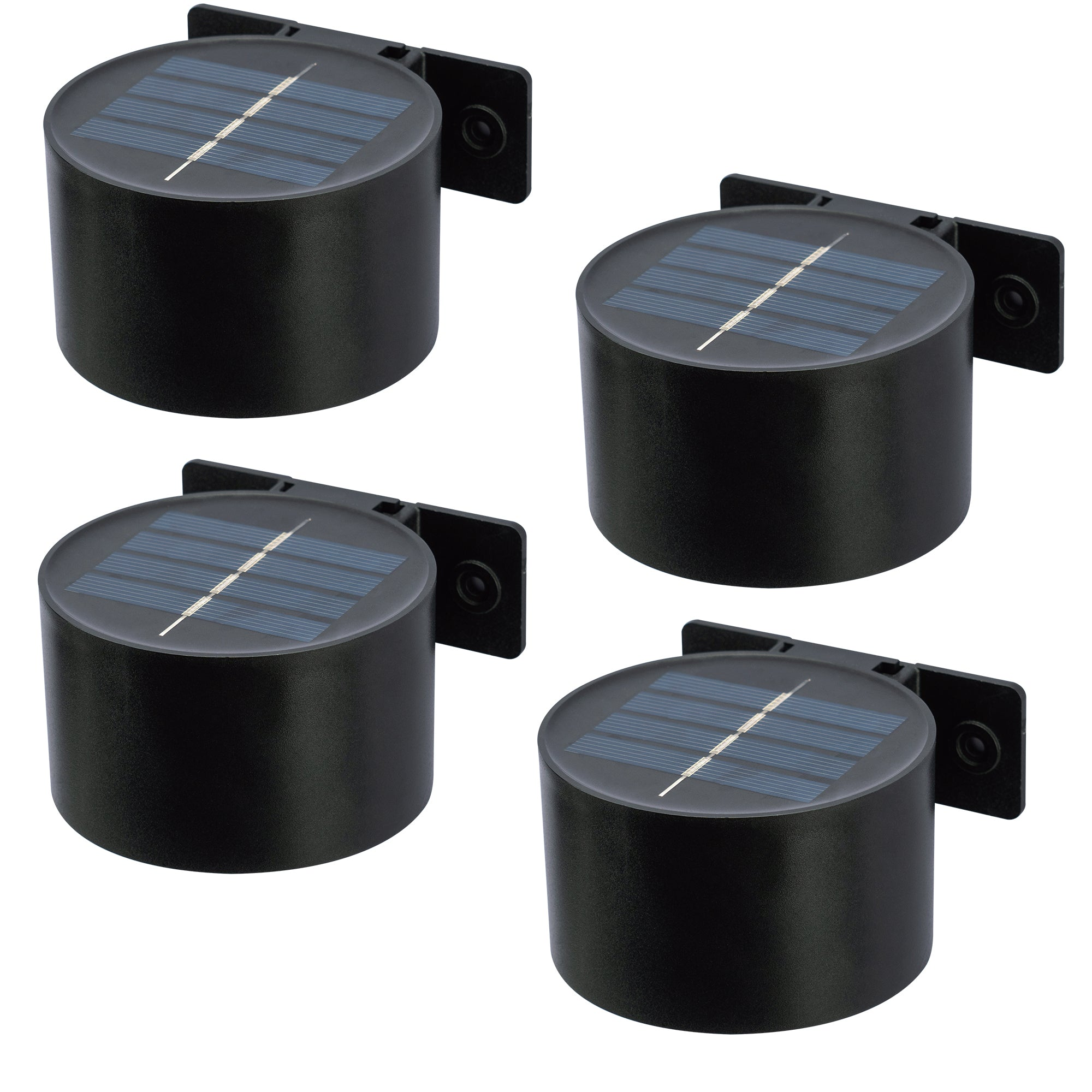 Vier schwarze Solarleuchten mit blauen Paneelen vor weißem Hintergrund.
