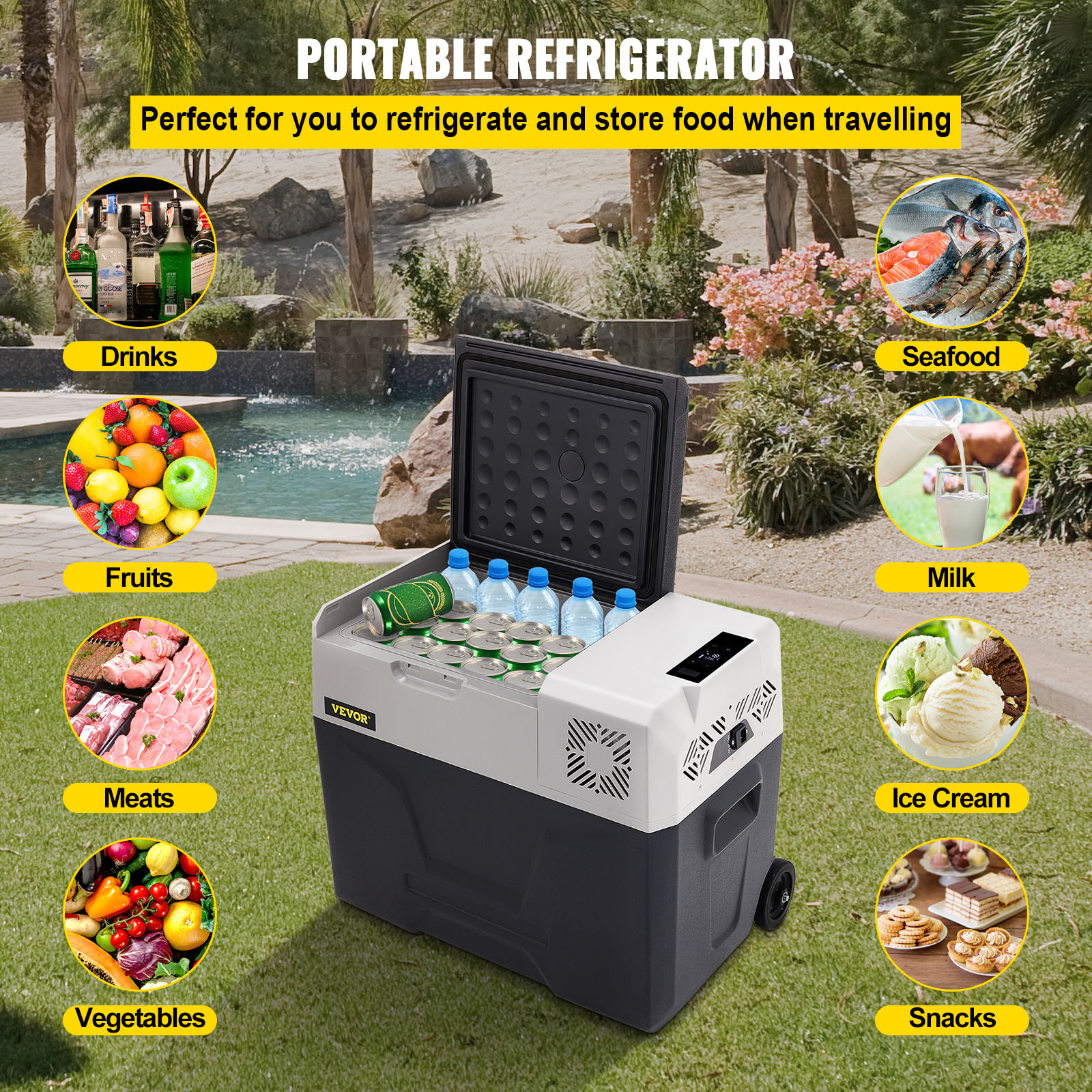 Un refrigerador portátil abierto, con bebidas y alimentos, incluyendo frutas, carnes y mariscos.