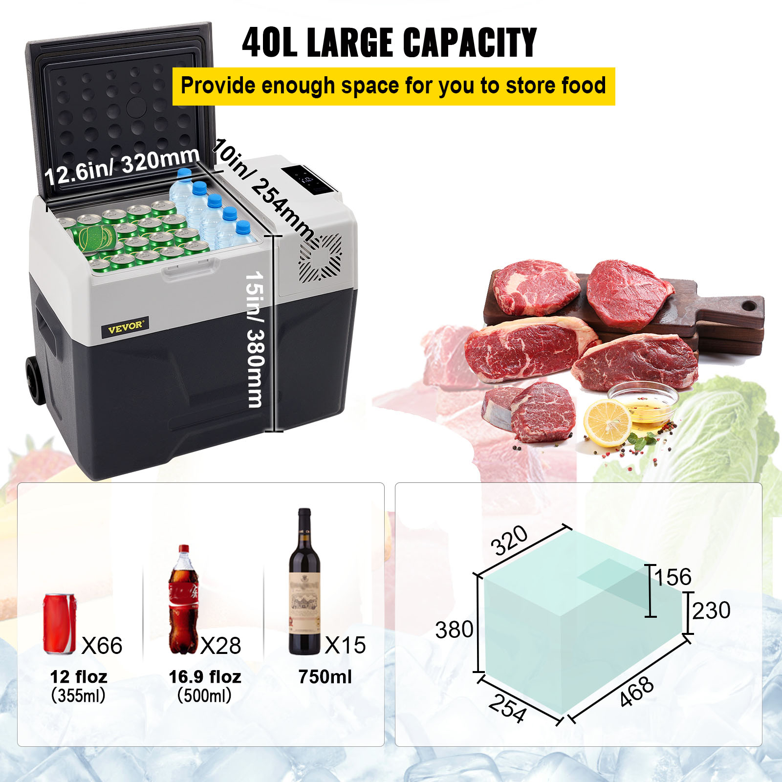 Una nevera con bebidas y comida, incluyendo filetes, un limón y una lechuga. También muestra un cuadro de dimensiones.
