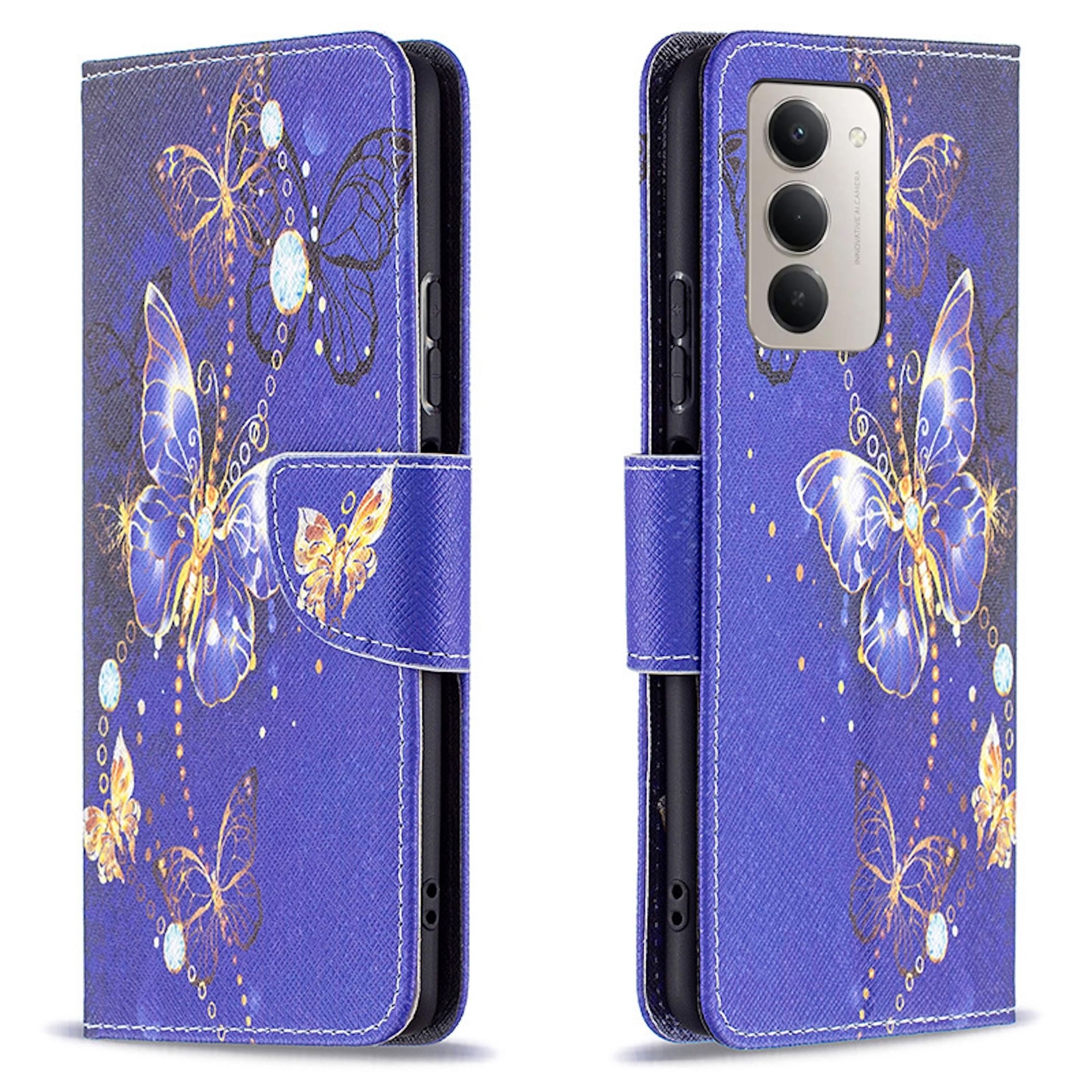 Blaue Handyhülle offen, mit Schmetterlingsdesign. Das Telefon ist auf der rechten Seite sichtbar.