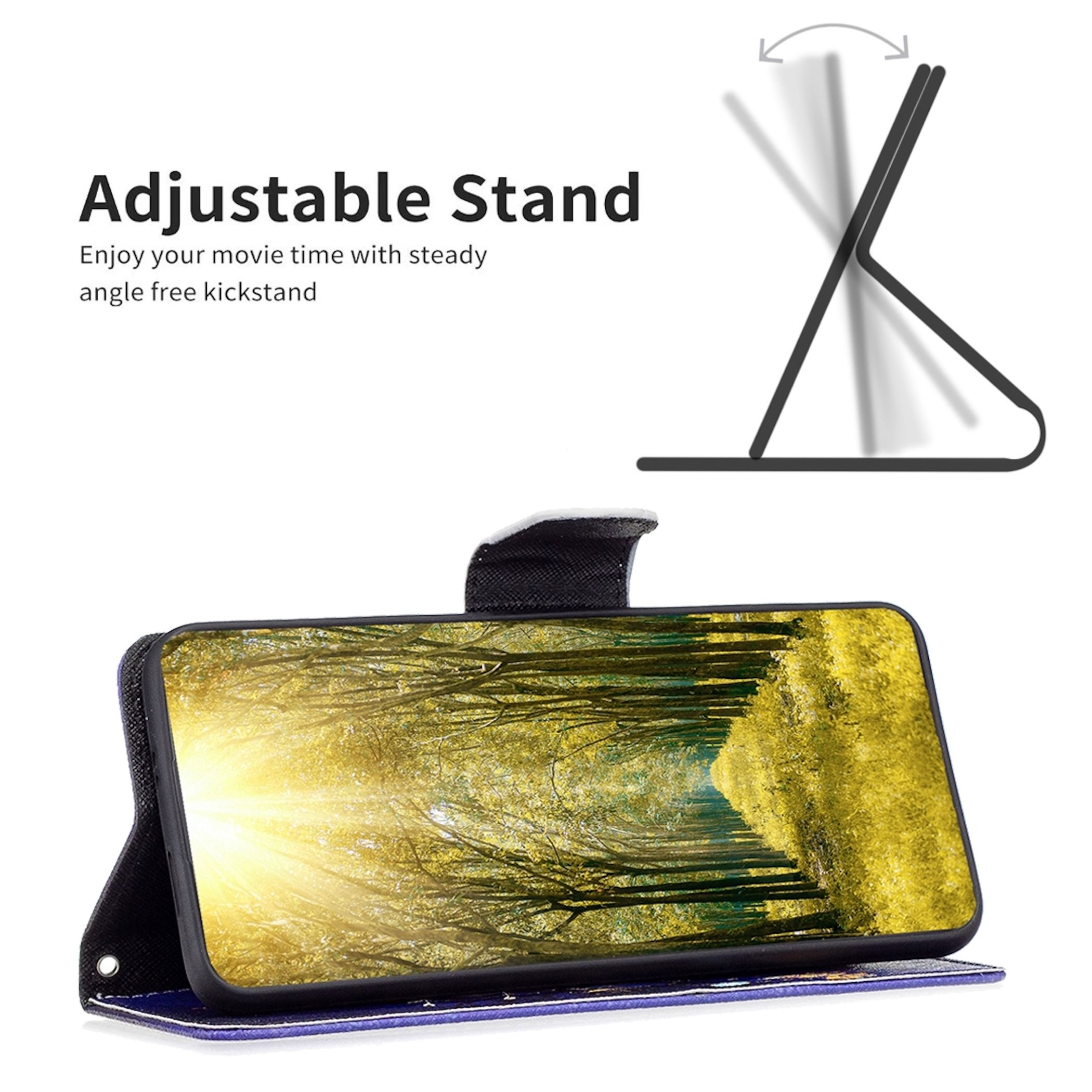 Handyhülle mit verstellbarem Ständer. Auf dem Telefonbildschirm wird eine Waldszene angezeigt.
