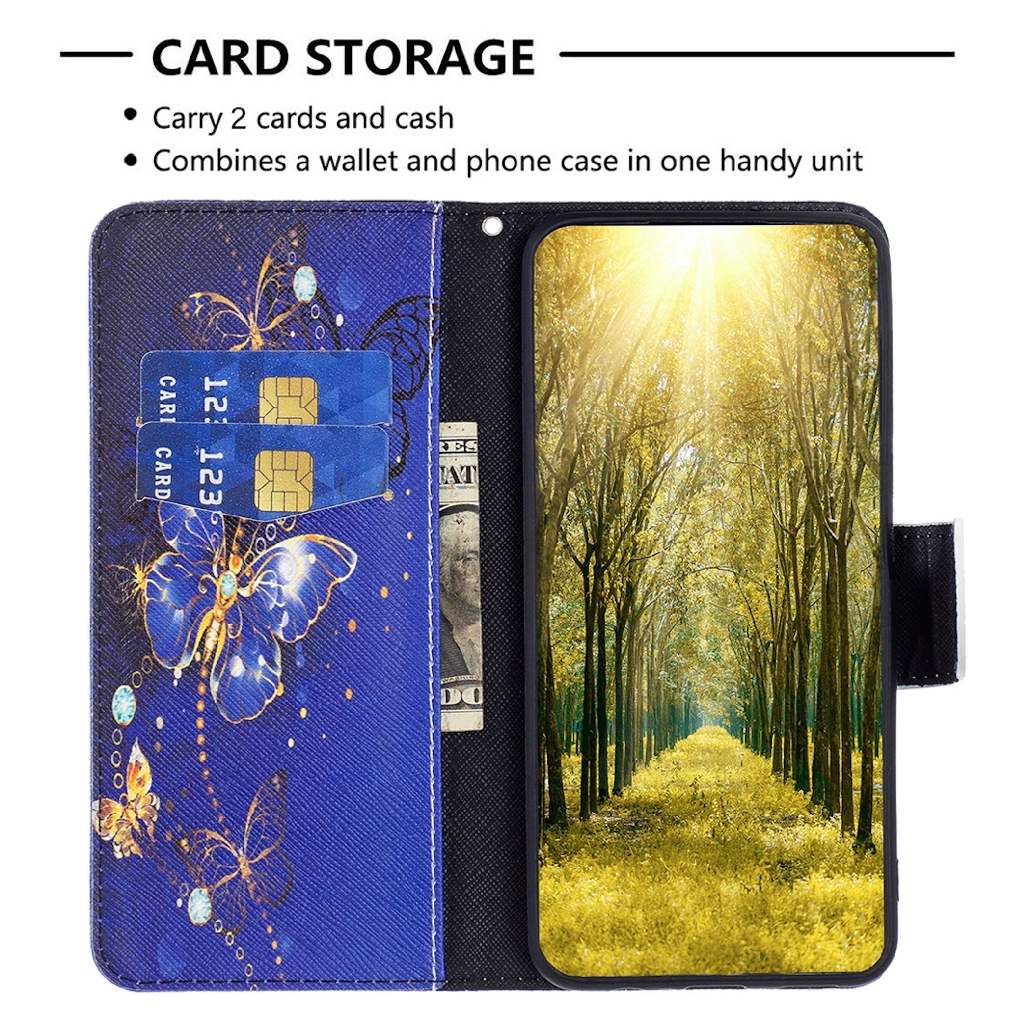 Handyhülle mit blauem Schmetterlingsdesign, mit Karten und Bargeld. Das Telefon zeigt eine sonnige Waldszene.