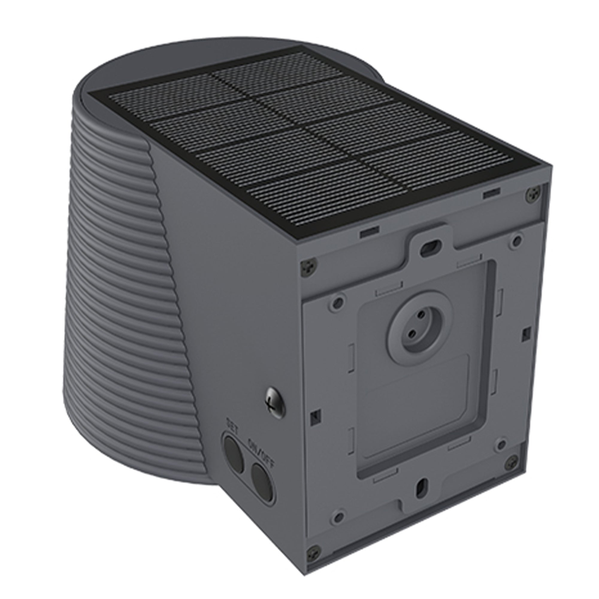 Eine graue solarbetriebene Überwachungskamera mit zylindrischem Sockel und rechteckiger Oberseite mit Solarzellen.