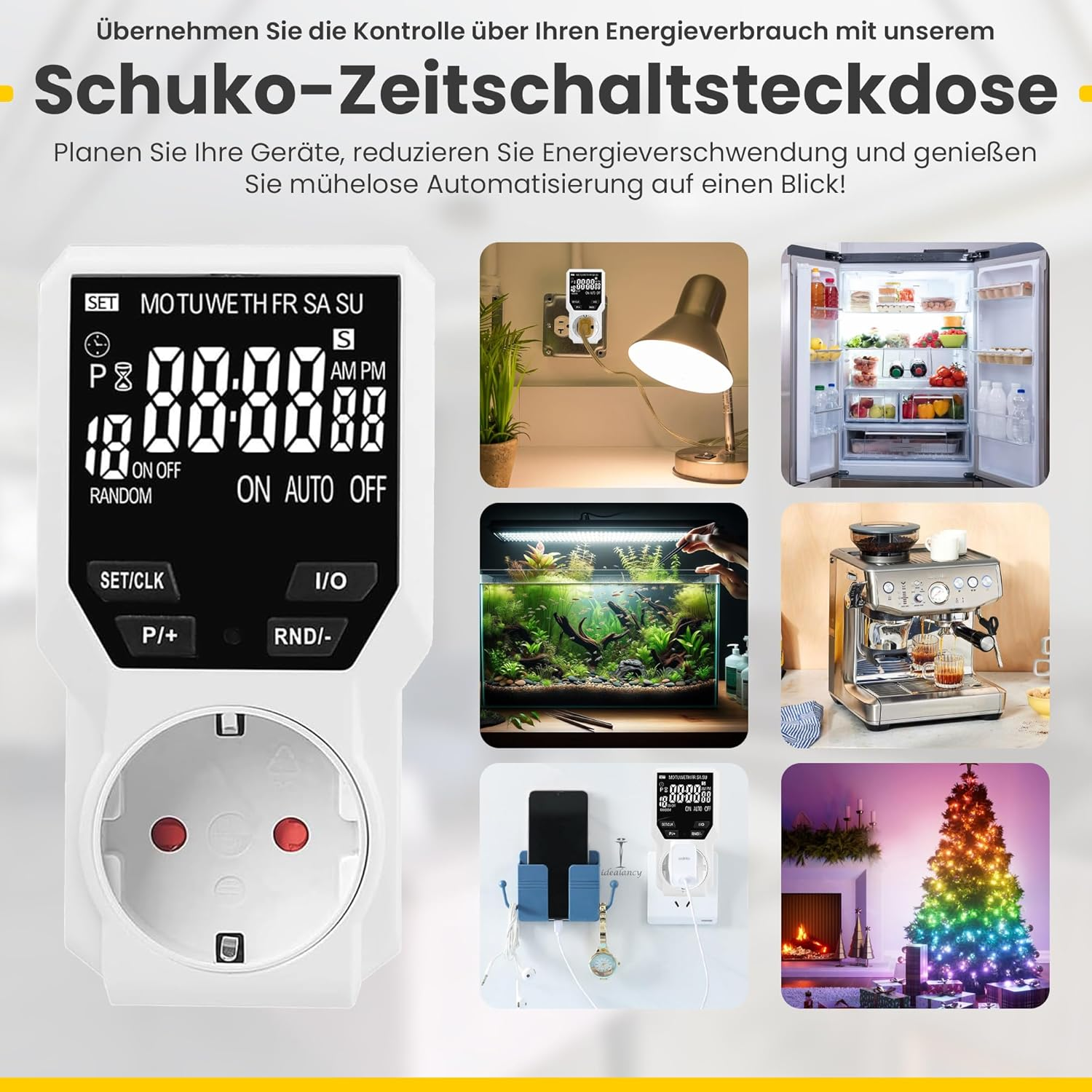 Ein weißer digitaler Timer-Stecker mit Display, umgeben von Bildern von Geräten und einem Weihnachtsbaum, alles mit einem Produkttitel.