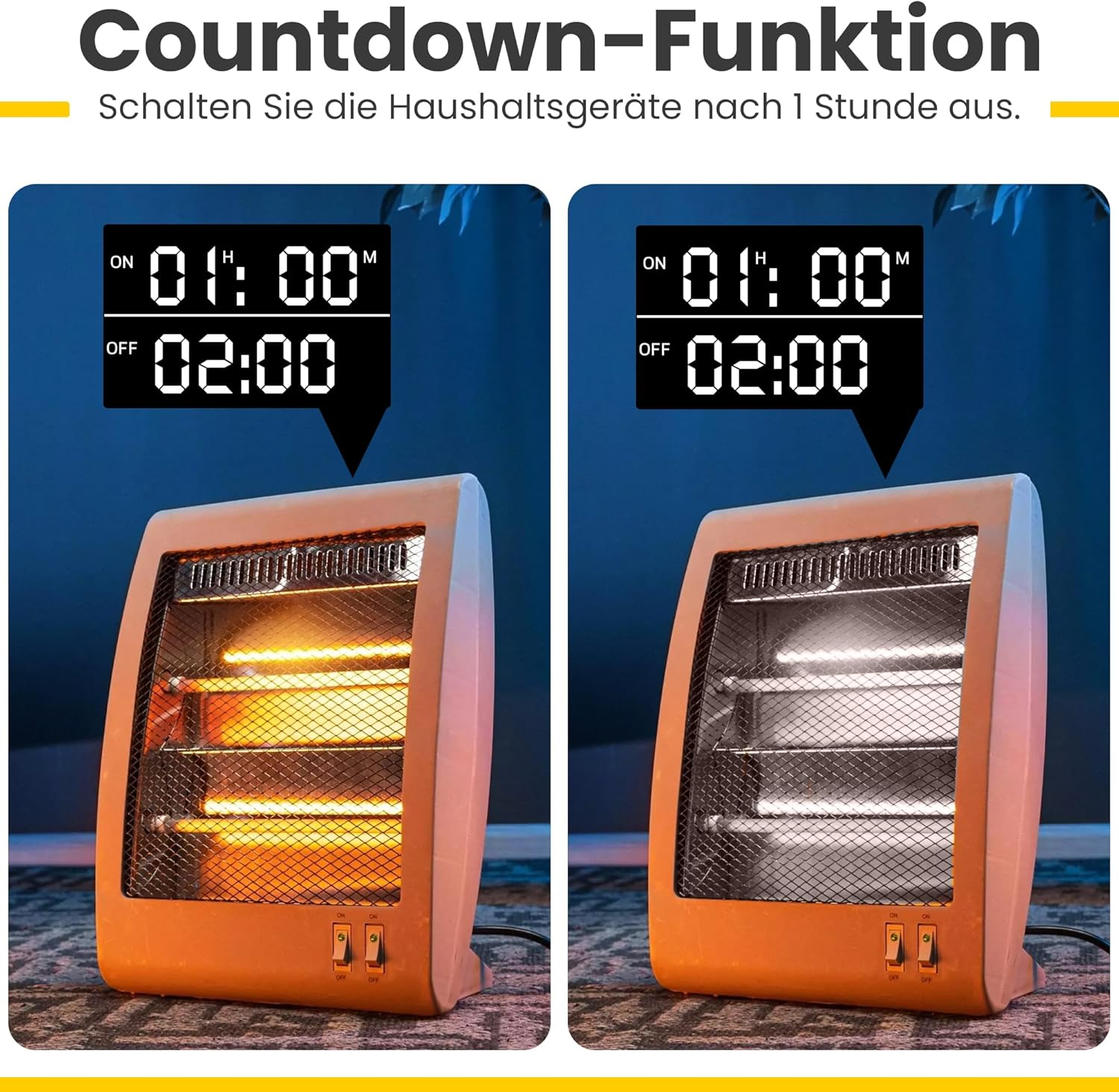 Zwei Heizungen nebeneinander, eine orange, eine mit weißem Licht. Der Countdown-Timer zeigt 01:00 an, 02:00 aus. Text: Countdown-Funktion.