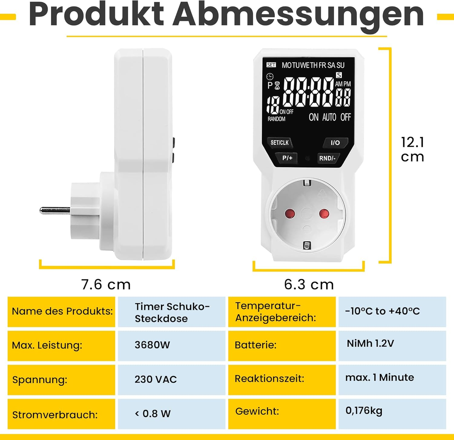 Eine weiße Timer-Steckdose mit Digitalanzeige, Abmessungen sind angegeben. Textbeschriftungen und Werte sind auf Englisch und Deutsch.
