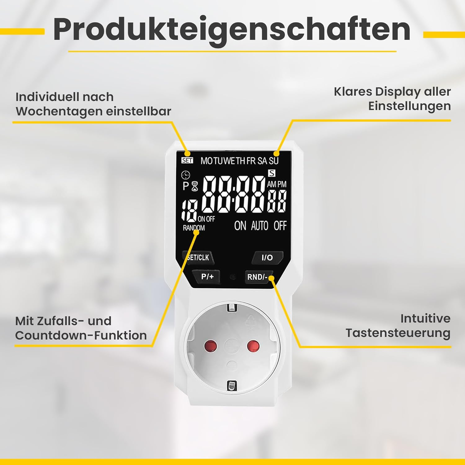 Ein weißer digitaler Timer mit Tasten und Display, mit deutschem Text, der Funktionen und Einstellungen anzeigt, vor weißem Hintergrund.