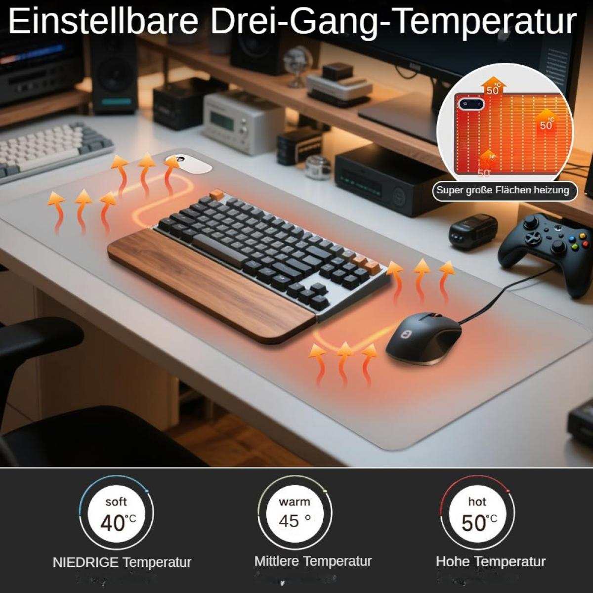 Ein Schreibtisch-Setup mit beheiztem Mauspadd, Tastatur und Maus. Drei Temperatureinstellungen werden angezeigt: 40°C, 45°C und 50°C.