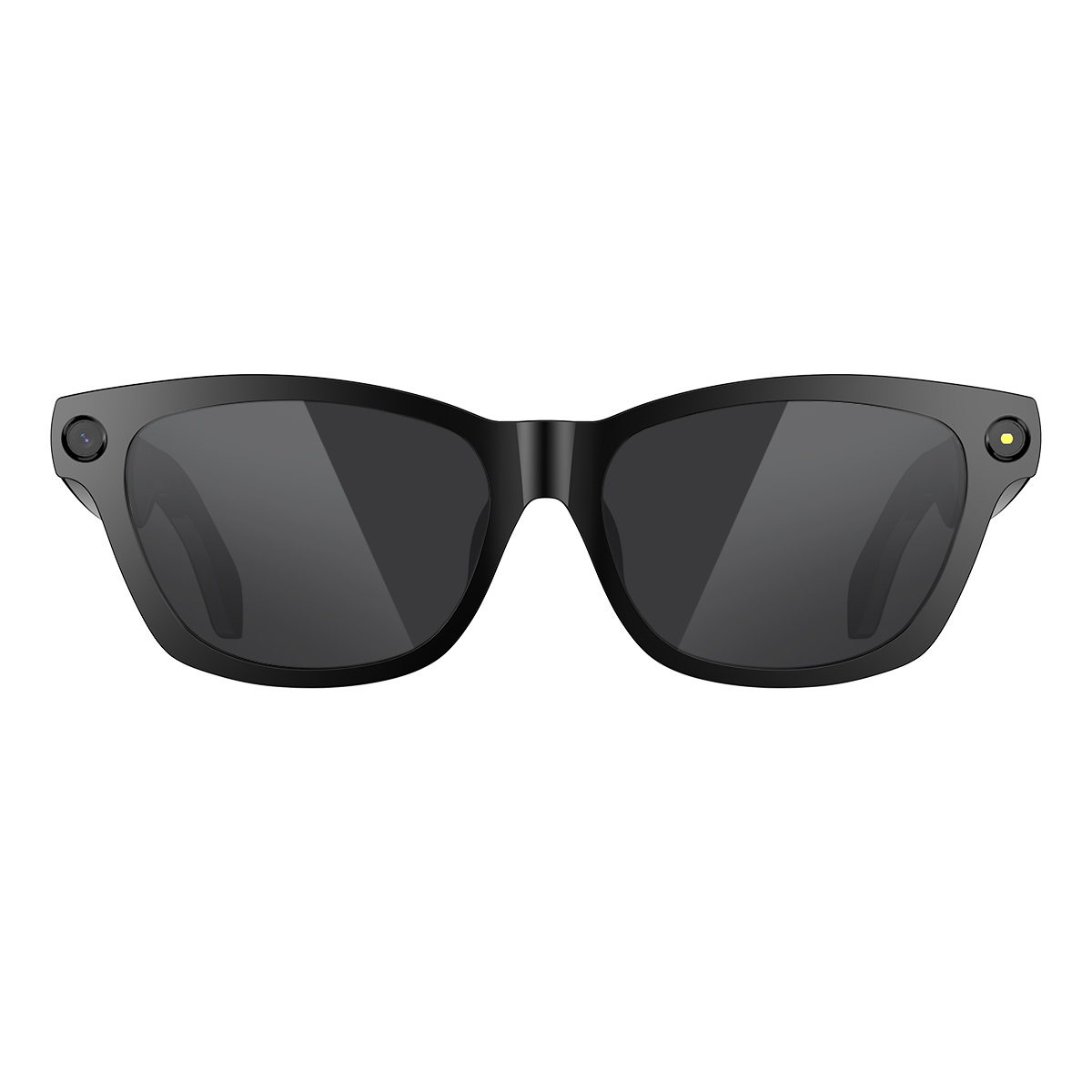 Schwarze Smartbrille mit dunklen Gläsern, einer Kamera auf jeder Seite und einer gelben Kontrollleuchte am rechten Bügel.
