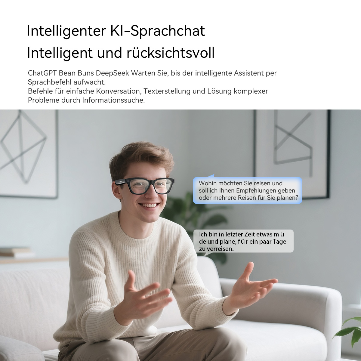 Ein Mann mit Brille lächelt. Sprechblasen deuten auf Reiseplanung hin. Text auf Deutsch beschreibt einen KI-Sprachchat.