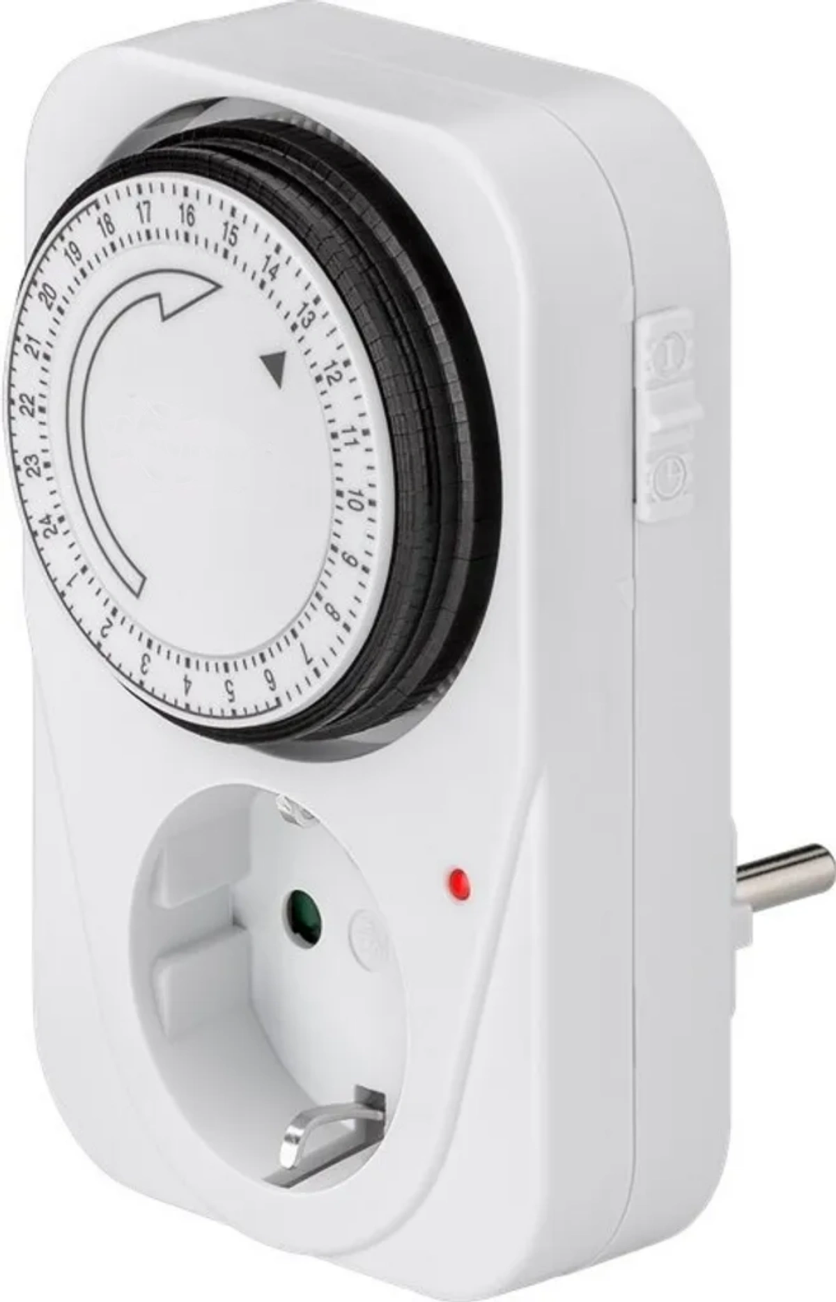 Ein weißer Timer mit einem Drehregler mit Zahlen und einer Steckdose. Ein rotes Licht leuchtet.