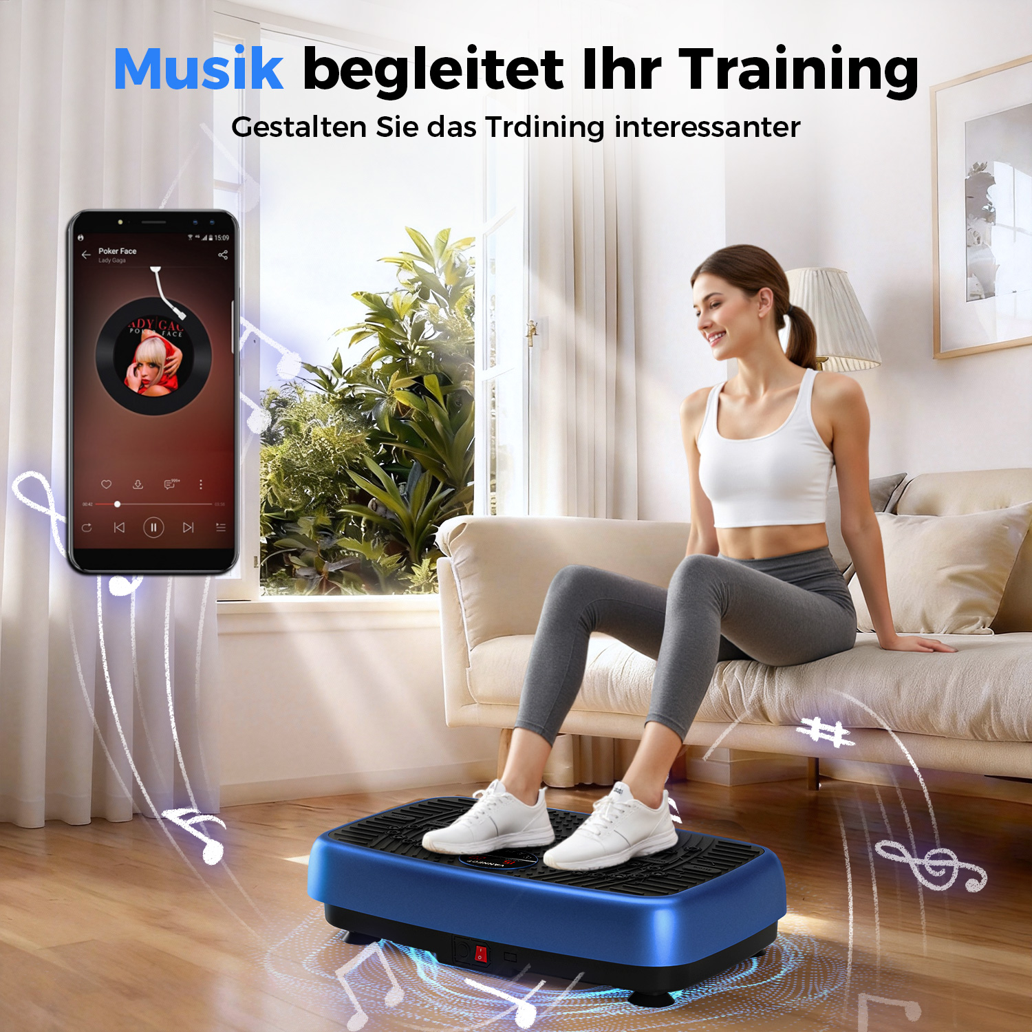 Frau auf Vibrations-Trainingsplattform, Handy spielt Musik, drinnen. Lady Gagas Poker Face ist auf dem Bildschirm. Noten sind abgebildet.