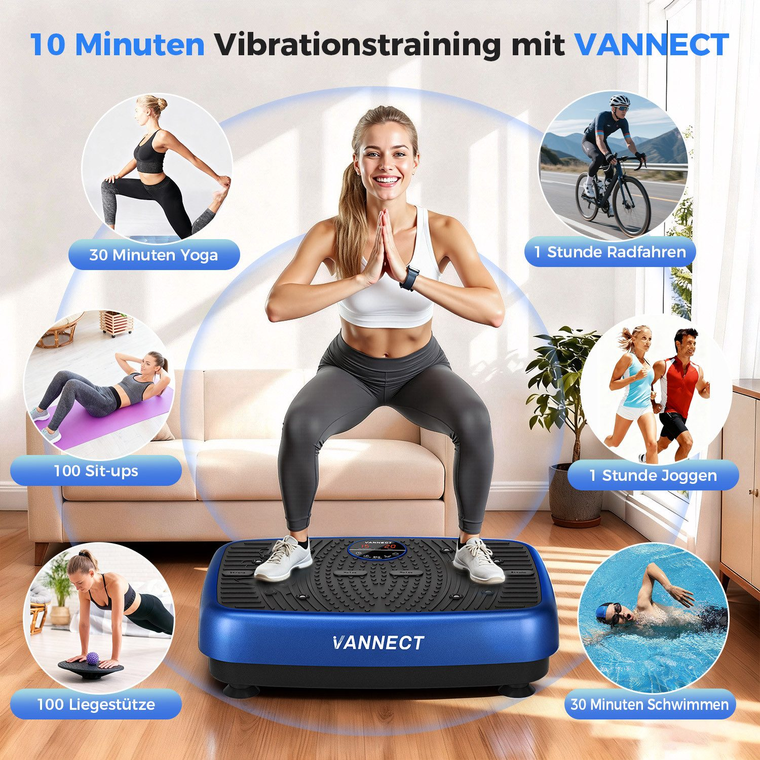 Eine Frau hockt auf einer blauen Vibrationsplatte. Rundherum sind Bilder von Yoga, Radfahren, Sit-ups, Liegestützen, Joggen und Schwimmen.