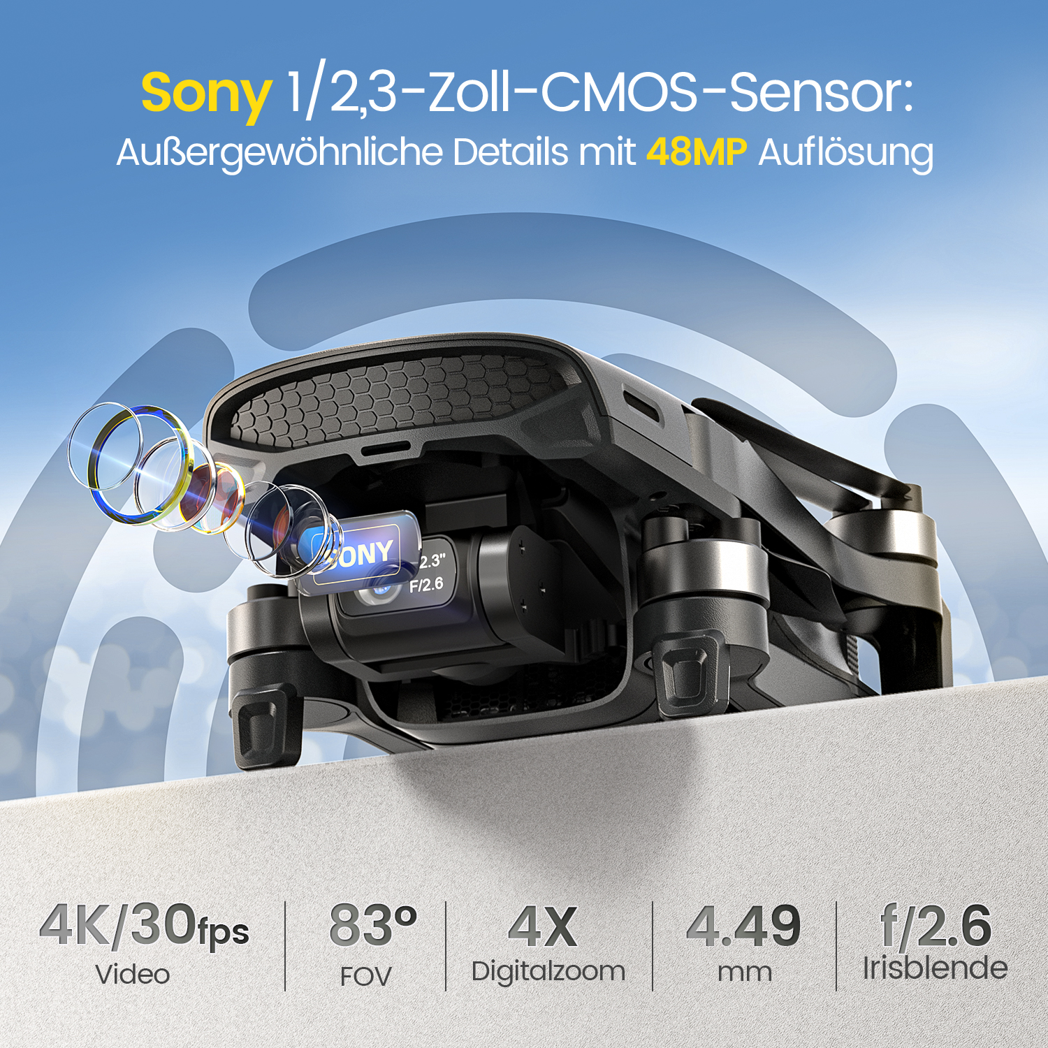 Eine schwarze Drohne mit Kamera wird gezeigt. Text zeigt Kameraspezifikationen: 4K/30fps, 83° FOV, 4X Digitalzoom, 4,49 mm und f/2,6 Blende.