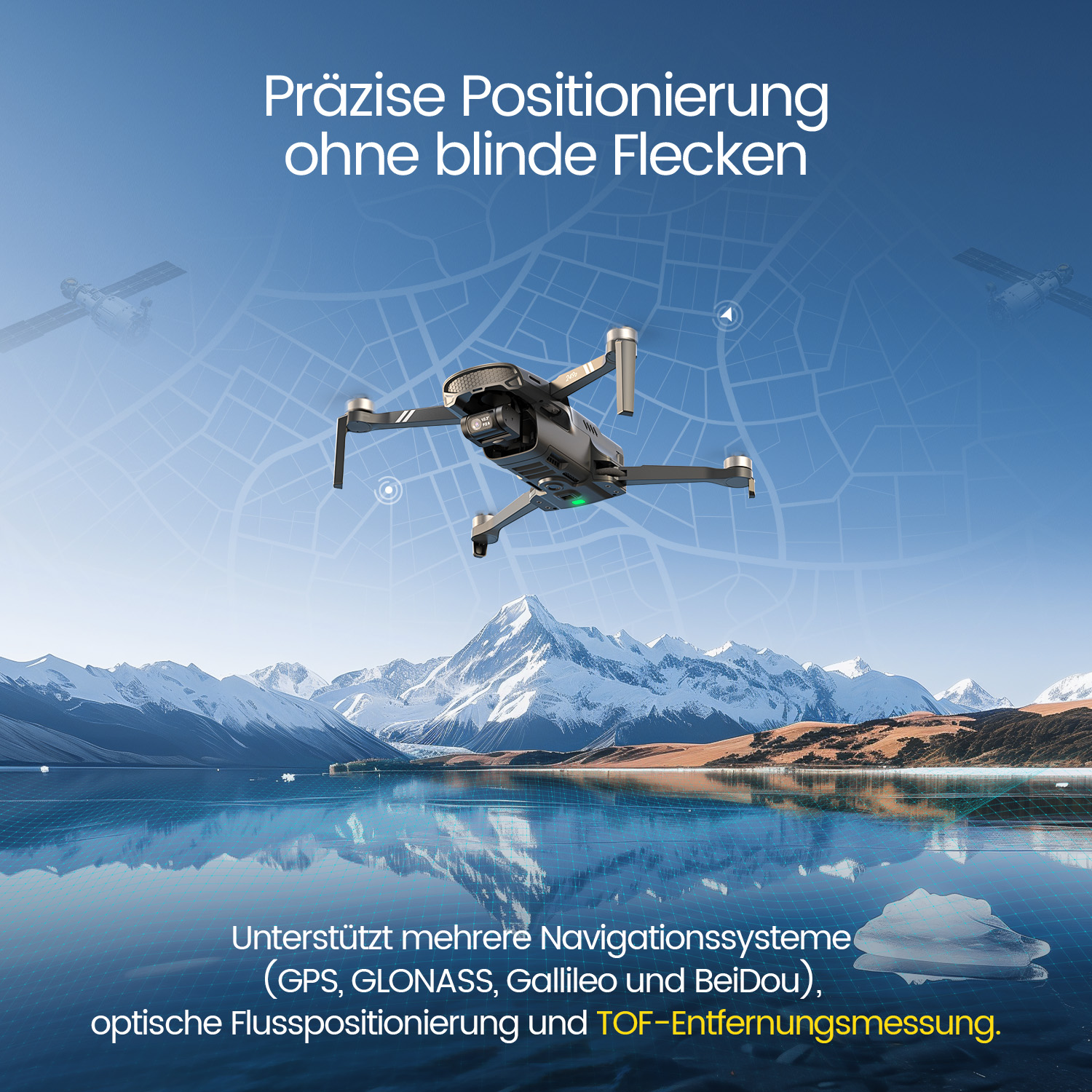 Eine Drohne fliegt über einen See mit Bergen im Hintergrund. Satelliten und Kartenlinien überlagern die Szene. Text beschreibt Funktionen.