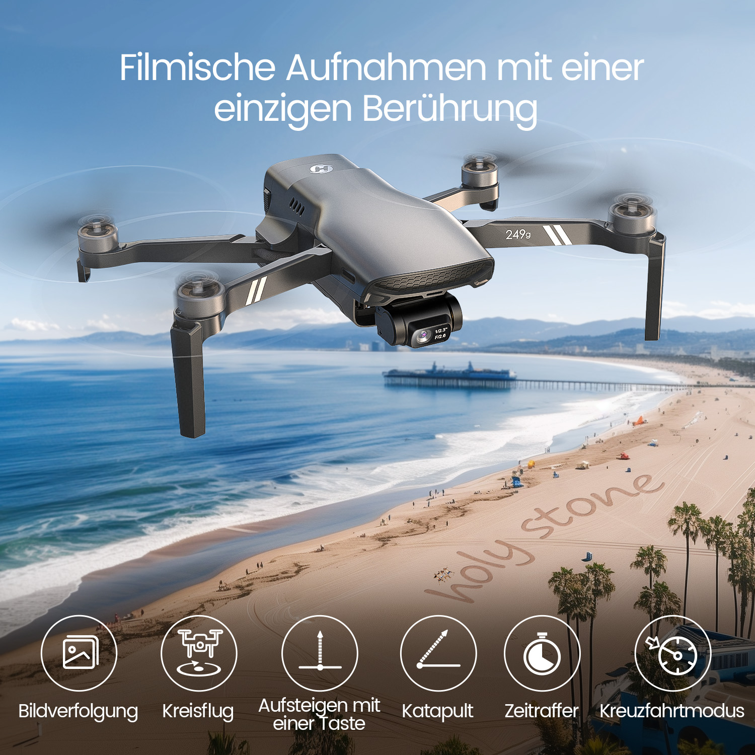 Eine Drohne schwebt über einem Strand mit dem Schriftzug "holy stone". Text zeigt Funktionen wie Bildverfolgung und Cruise-Modus.