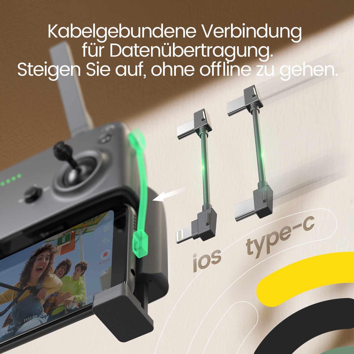 Das Bild zeigt eine Drohnensteuerung mit einem Telefon, das ein Video anzeigt. Kabel für IOS- und Typ-C-Geräte sind ebenfalls sichtbar.