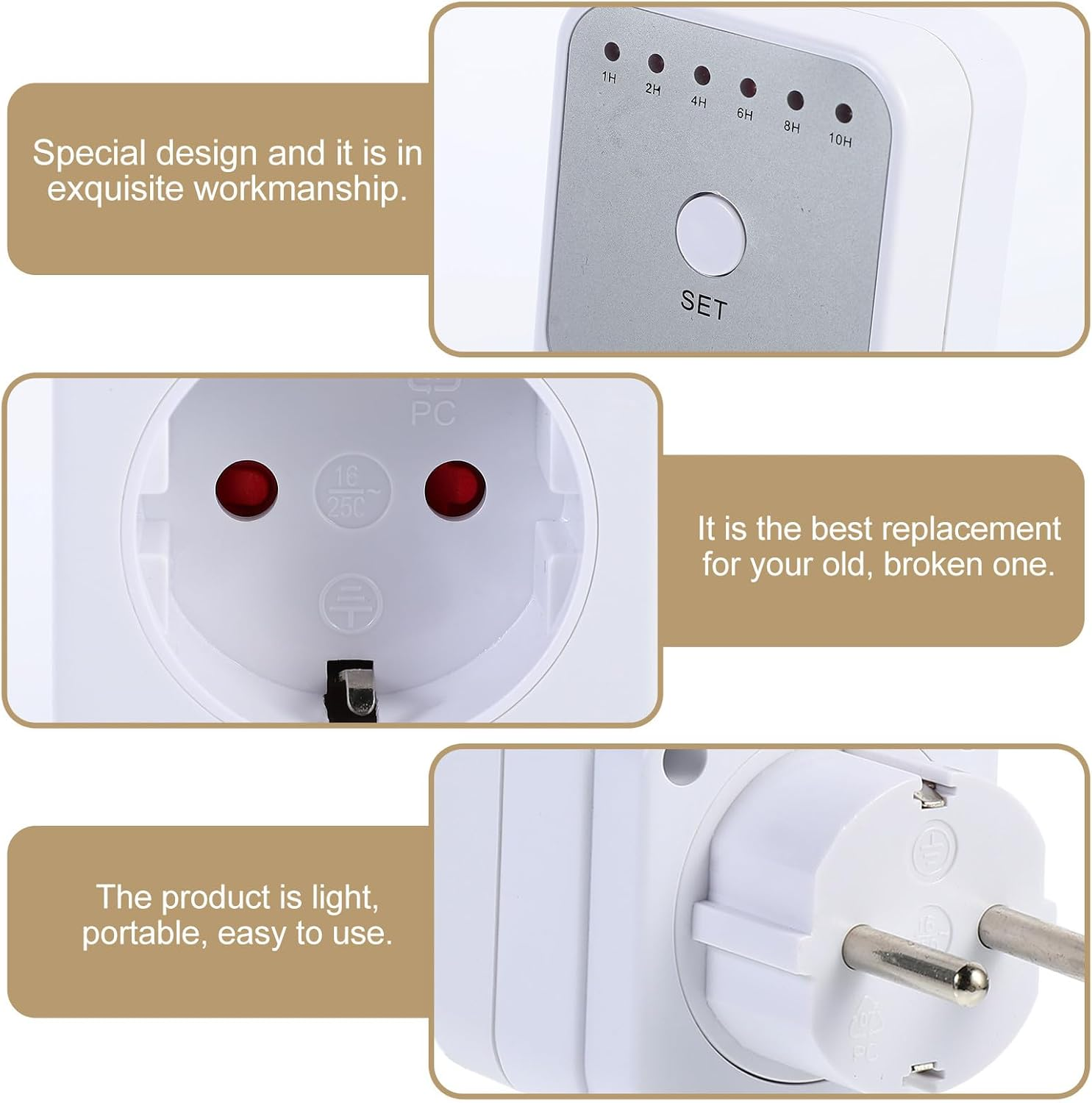 Weißer elektrischer Timer mit Knöpfen und einem Stecker. Er hat einen Timer mit Einstellungen von 1H bis 10H. Er hat einen Stecker und eine Steckdose.