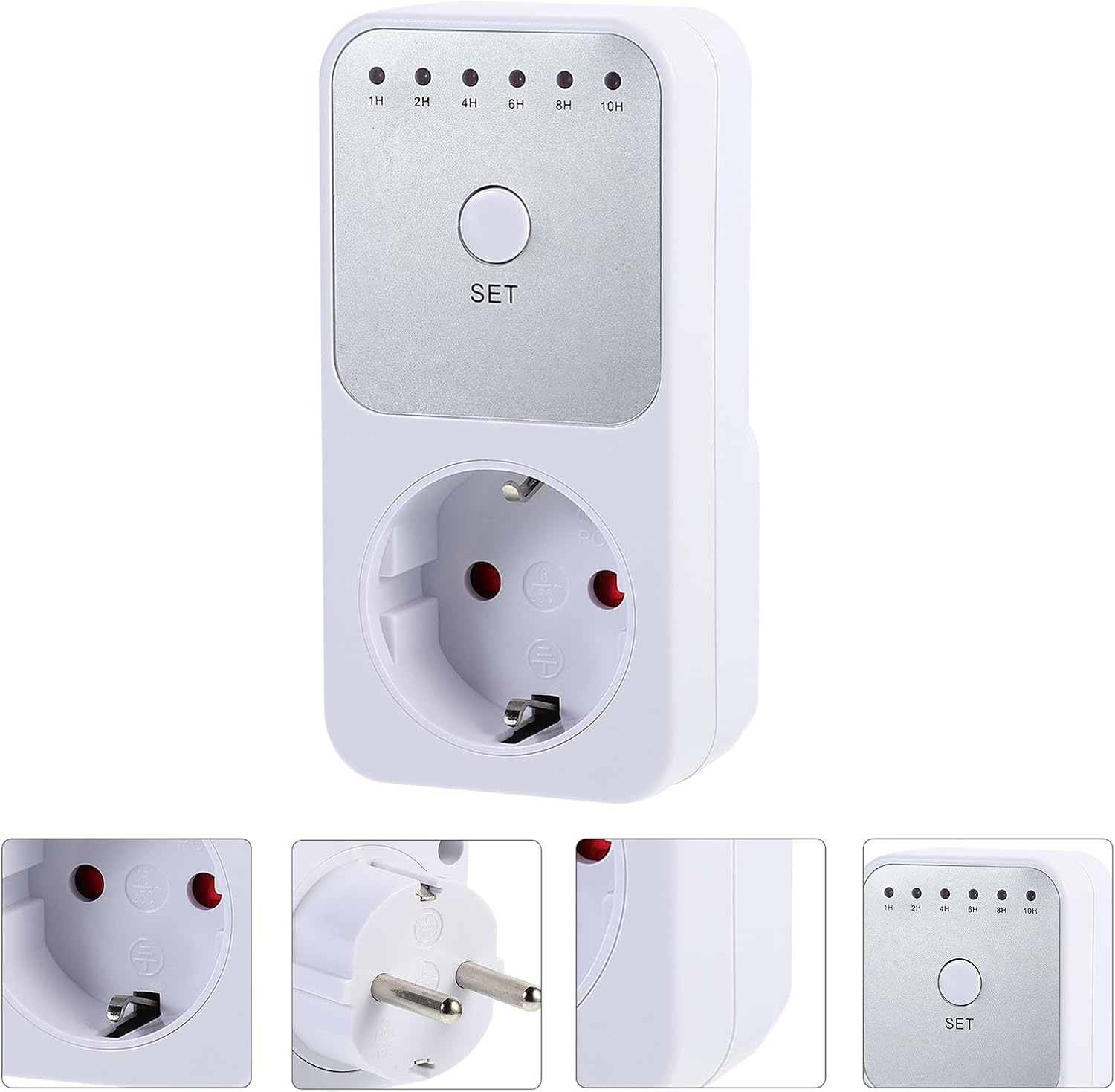 Ein weißer elektrischer Timer mit Steckdose. Er hat einen 'SET'-Knopf, Zeitanzeigen und einen Stecker.