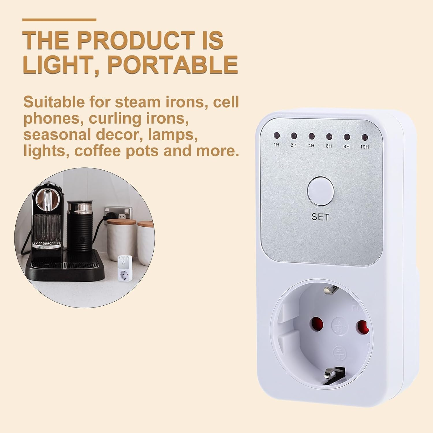Ein weißer Timer mit Stecker. Er hat eine 'Set'-Taste und Kontrollleuchten. Eine Kaffeemaschine und andere Gegenstände sind im Hintergrund.