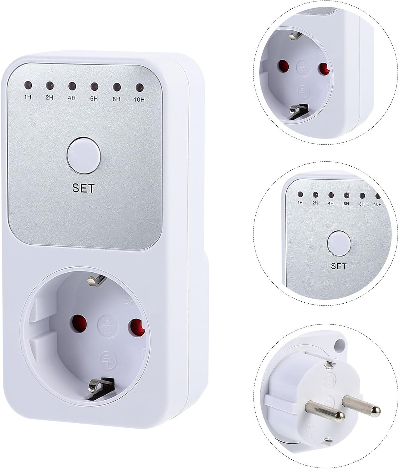 Weißer elektrischer Timer mit Knöpfen und einer Steckdose. Er hat Kontrollleuchten und eine 'SET'-Taste. Mehrere Detailansichten werden bereitgestellt.