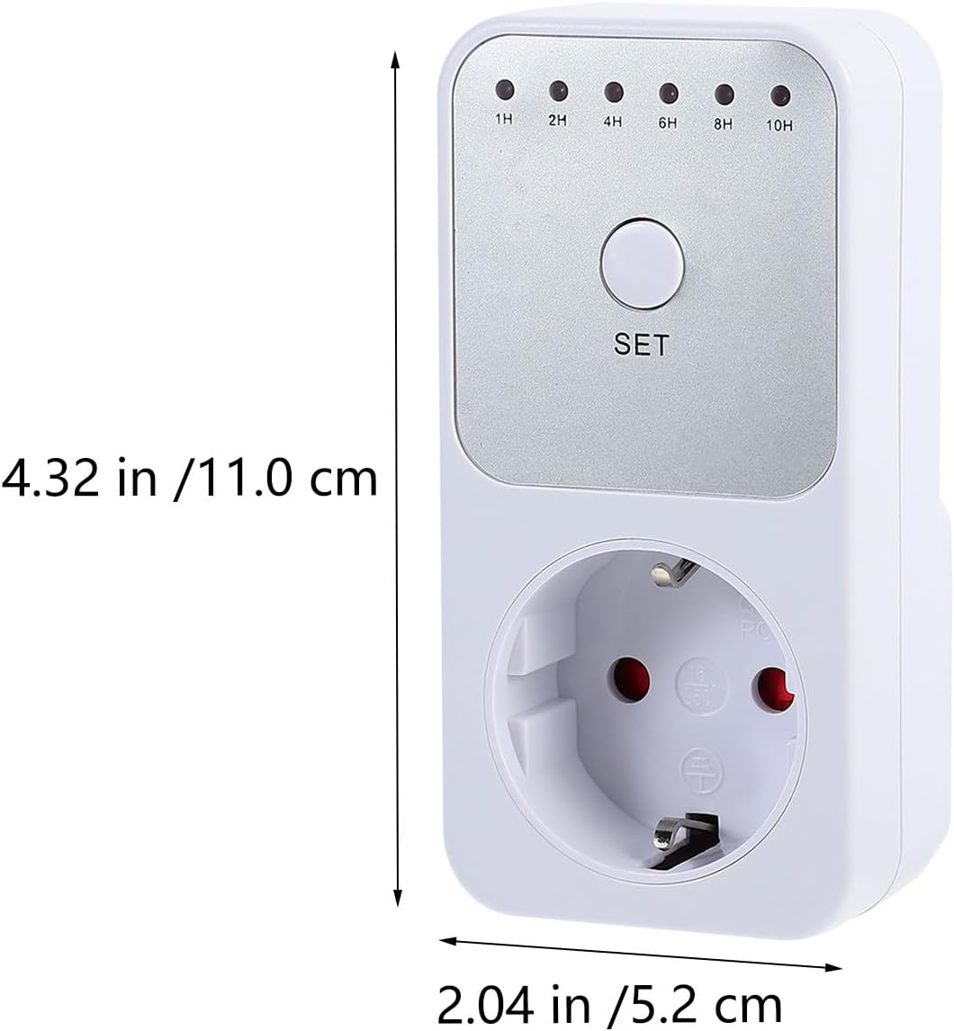 Ein weißer digitaler Timer mit Steckdose. Er hat eine 'SET'-Taste, Zeitanzeigen und Abmessungen in Zoll und Zentimetern.