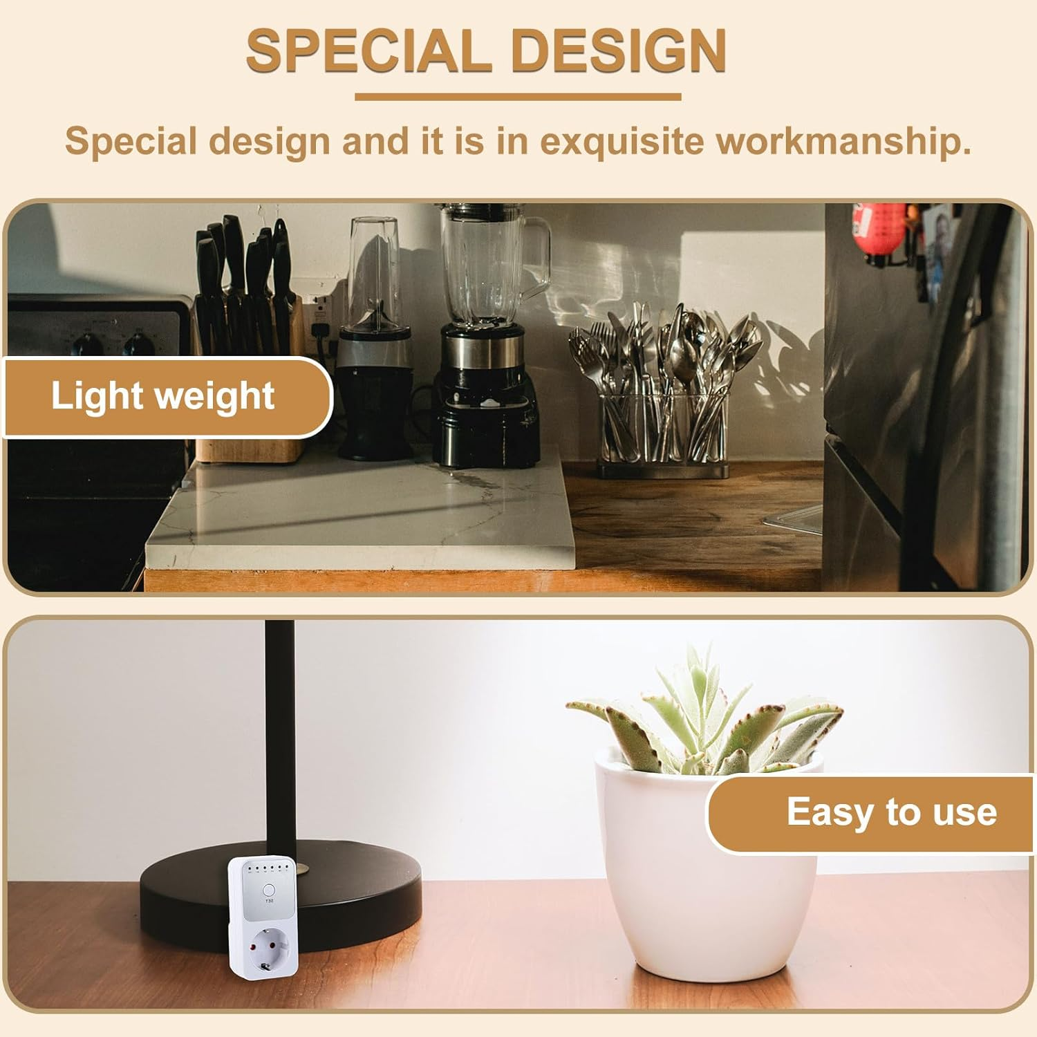 Das Bild zeigt eine Küchenszene mit Utensilien, einem Mixer und einer Pflanze. Eine Steckdose und eine Lampe sind ebenfalls zu sehen.