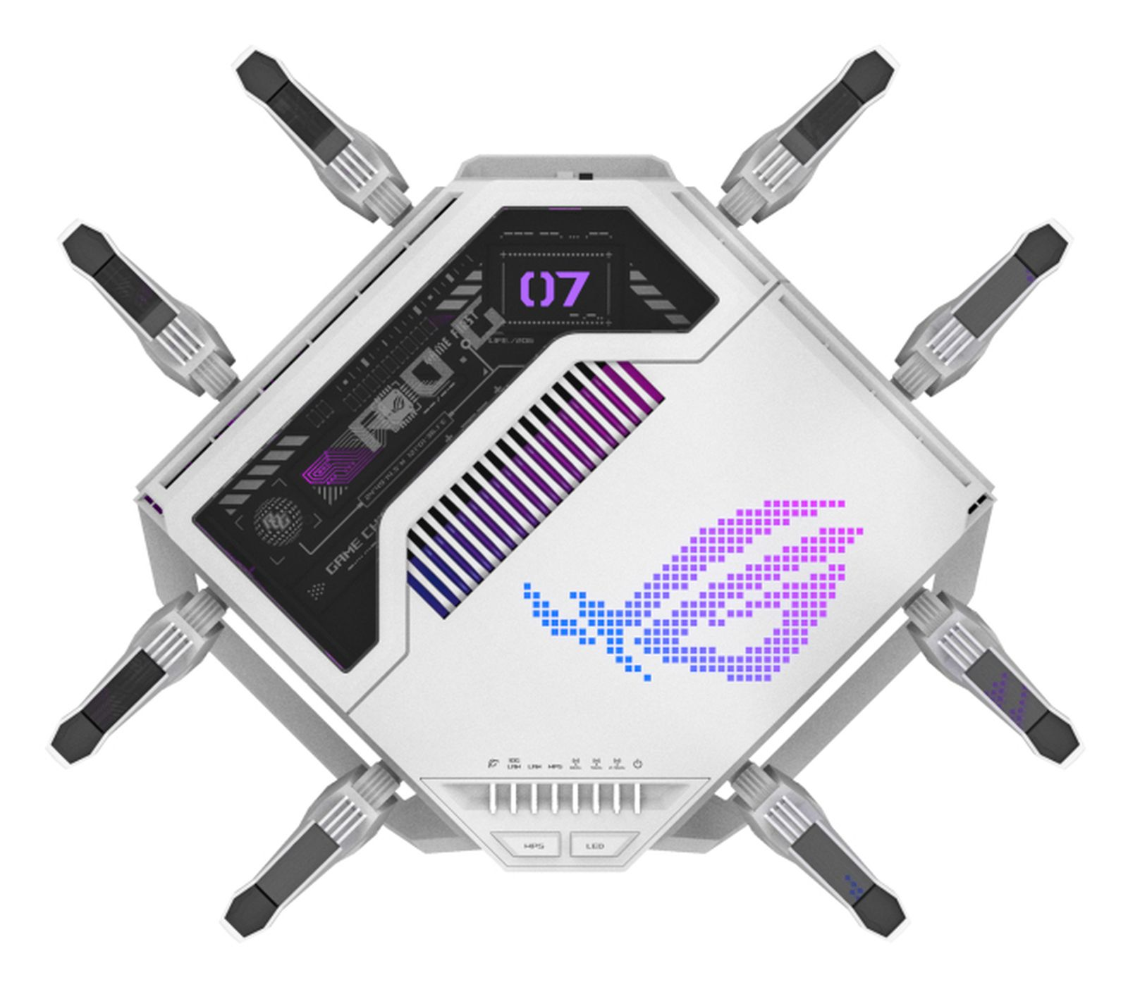 Weißer und grauer ROG-Router mit acht Antennen. Verfügt über das ROG-Logo in Blau und Lila, mit digitaler Anzeige.