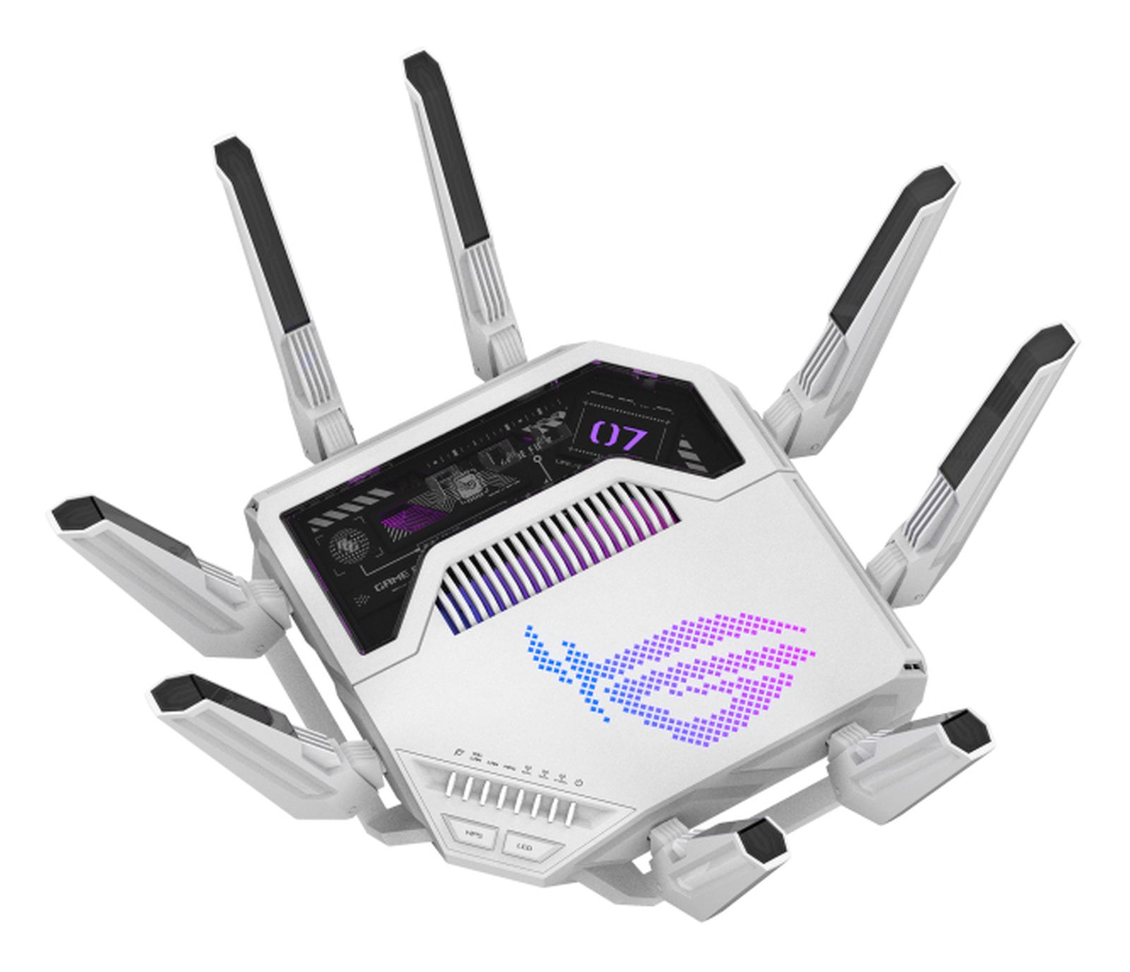 Ein weißer Router mit mehreren Antennen. Er hat ein ROG-Logo und LED-Leuchten. Das Design ist futuristisch.
